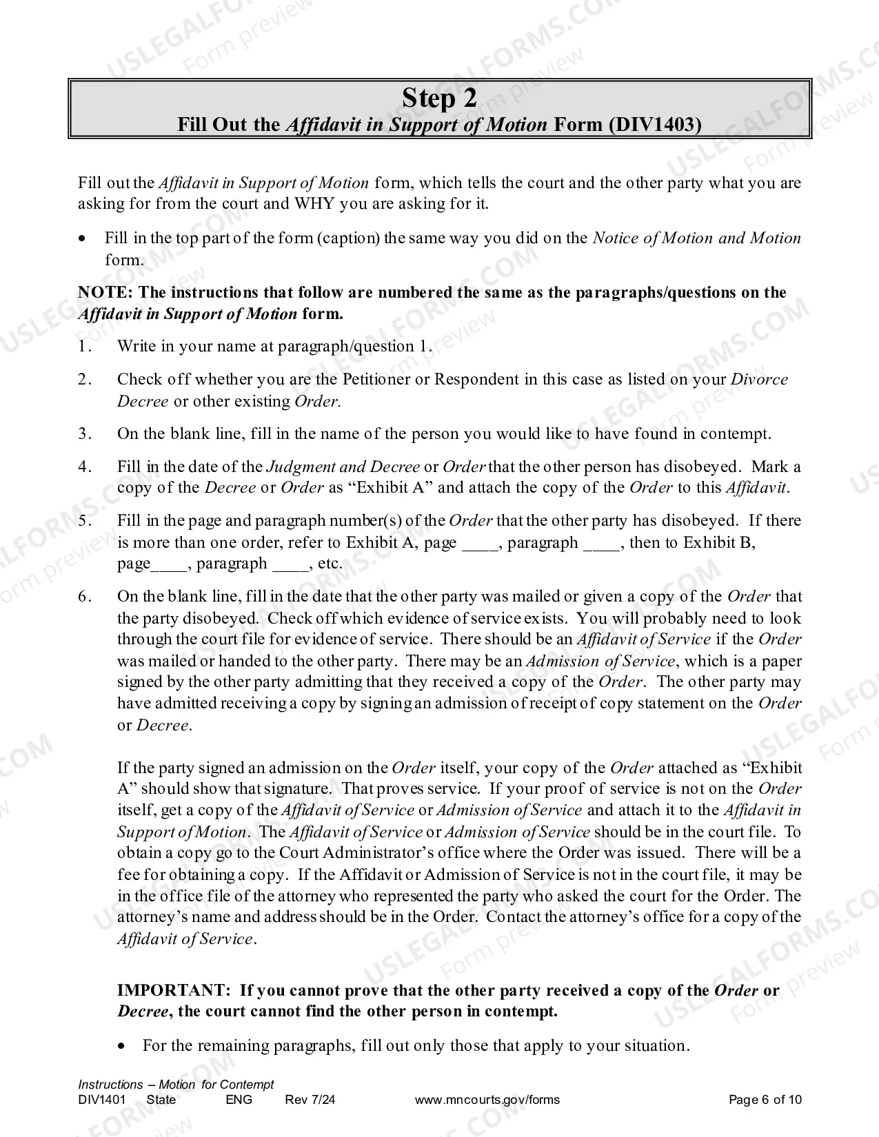 Preview Instructions - Contempt Motion for Divorce Decree