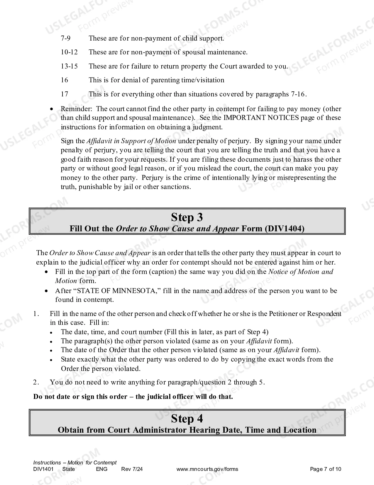 Preview Instructions - Contempt Motion for Divorce Decree