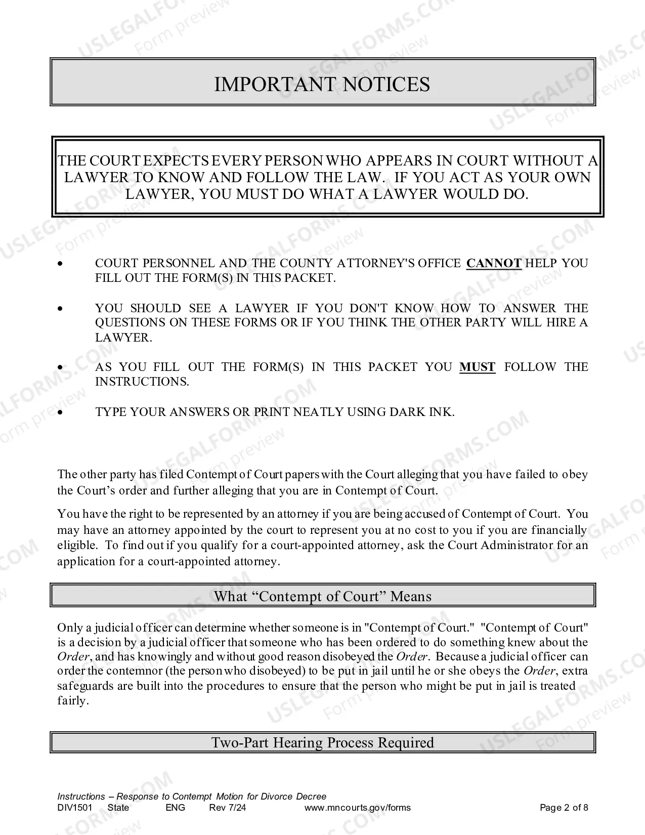 Preview Instructions - Response to Contempt Motion for Divorce Decree