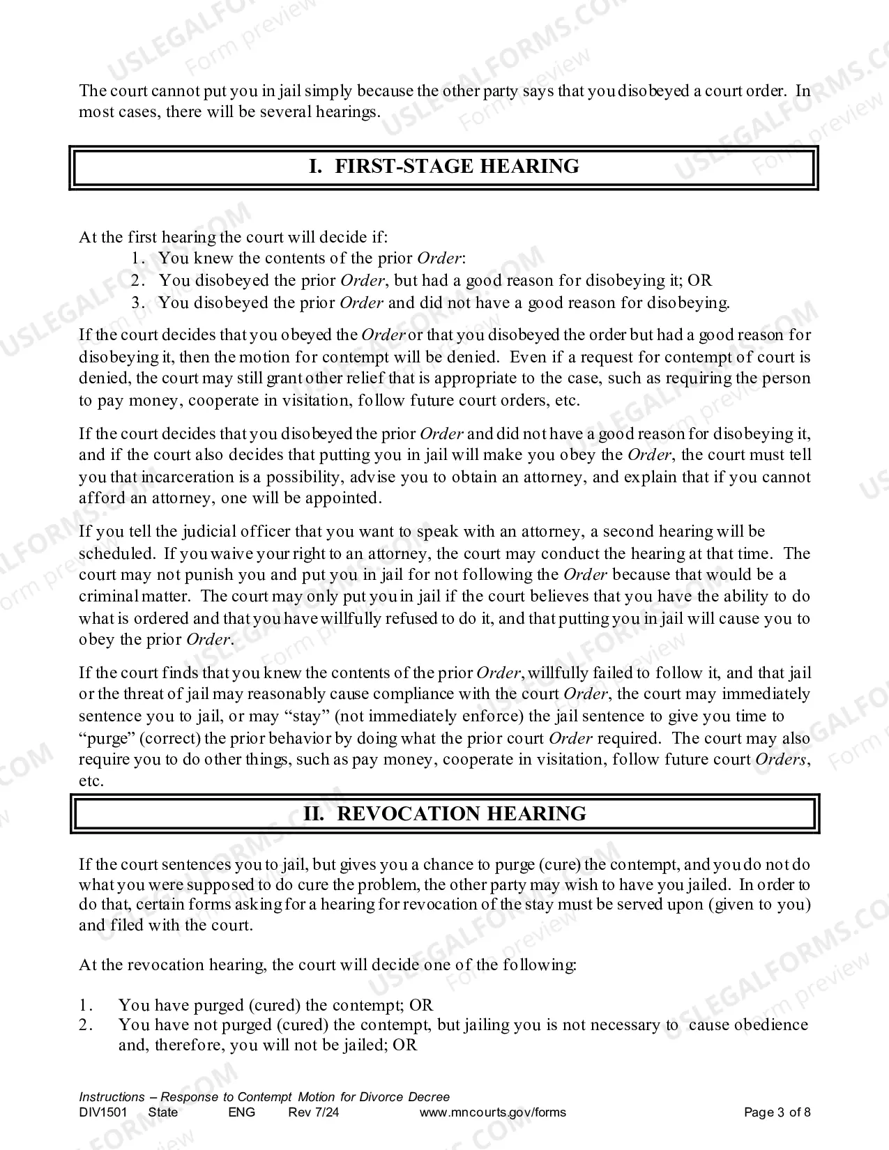Preview Instructions - Response to Contempt Motion for Divorce Decree