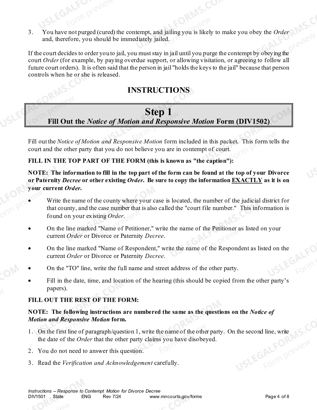 Preview Instructions - Response to Contempt Motion for Divorce Decree