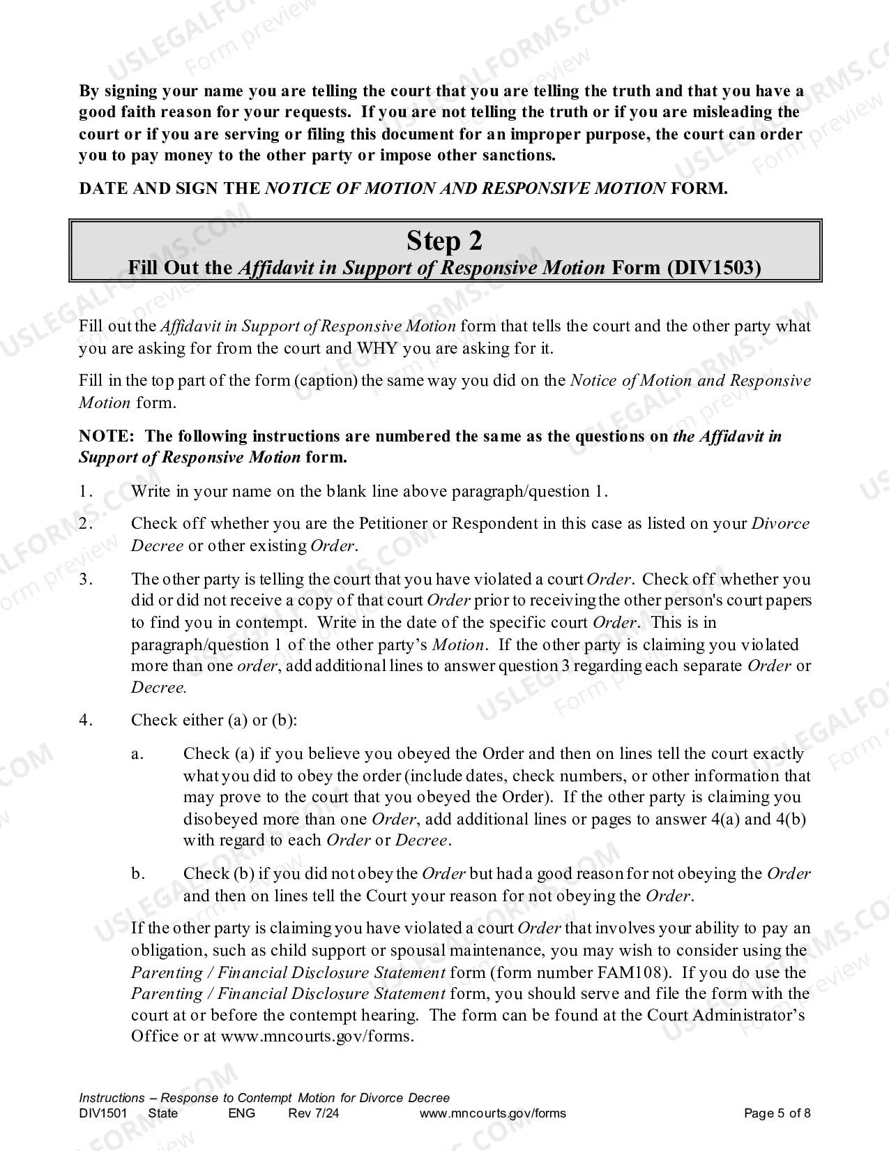 Preview Instructions - Response to Contempt Motion for Divorce Decree