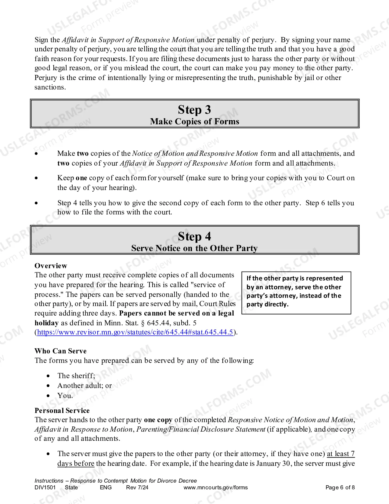 Preview Instructions - Response to Contempt Motion for Divorce Decree