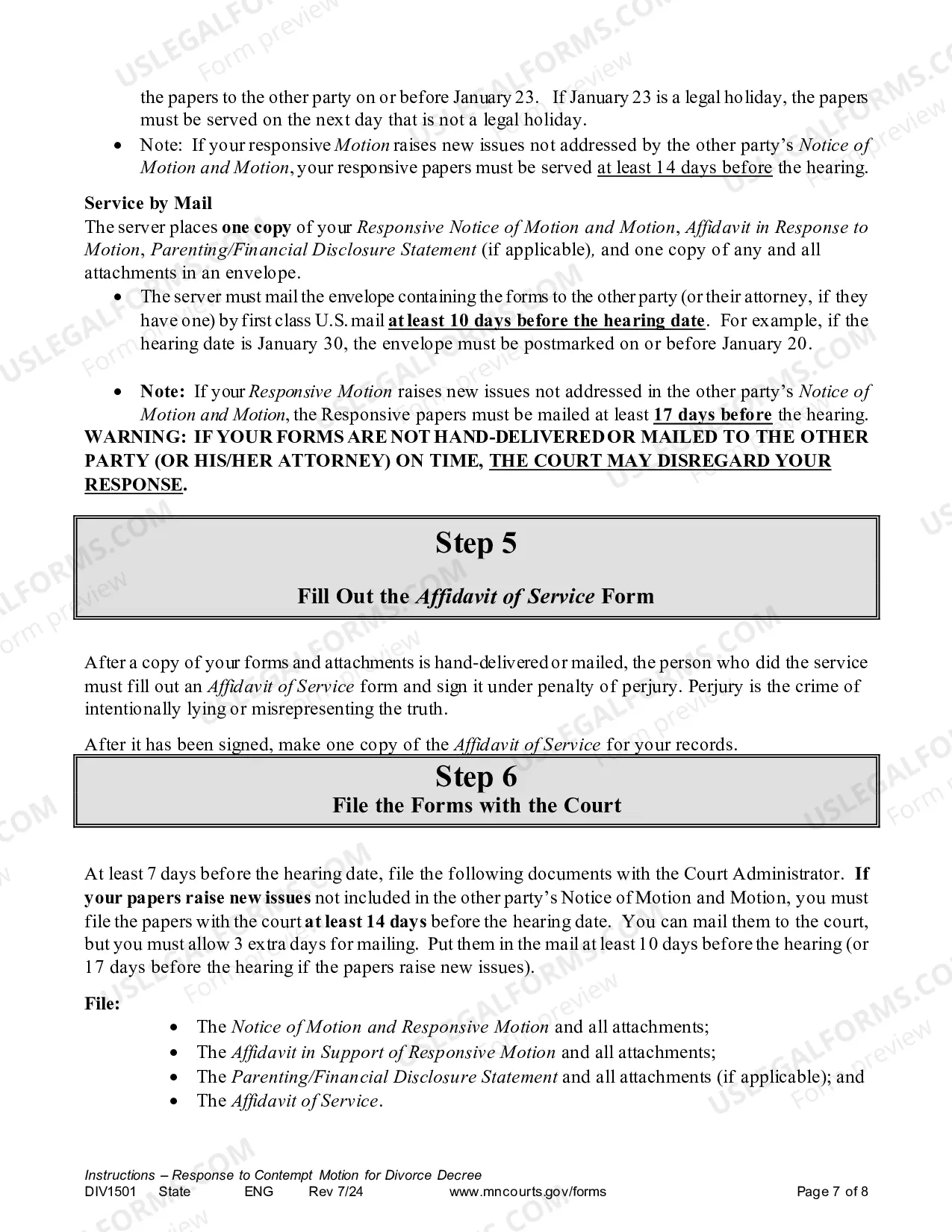 Preview Instructions - Response to Contempt Motion for Divorce Decree