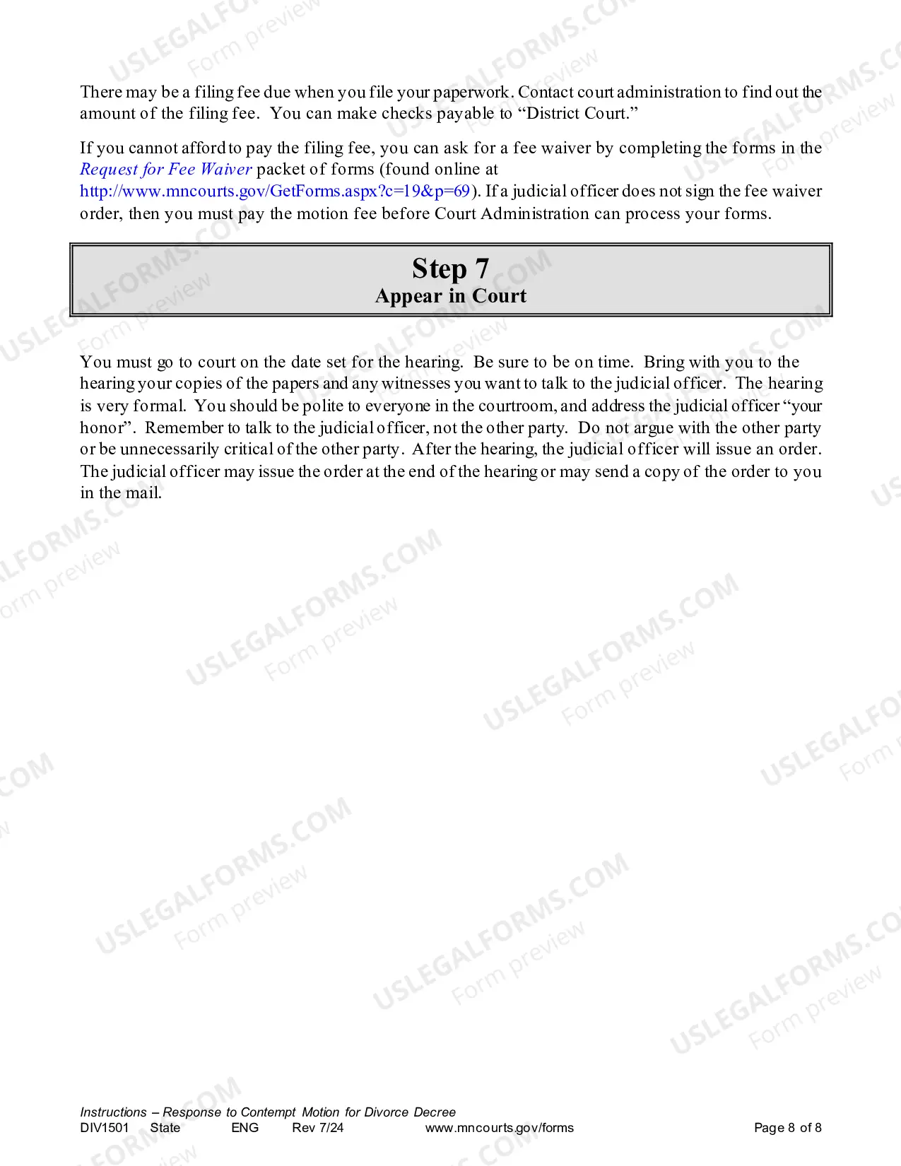 Preview Instructions - Response to Contempt Motion for Divorce Decree
