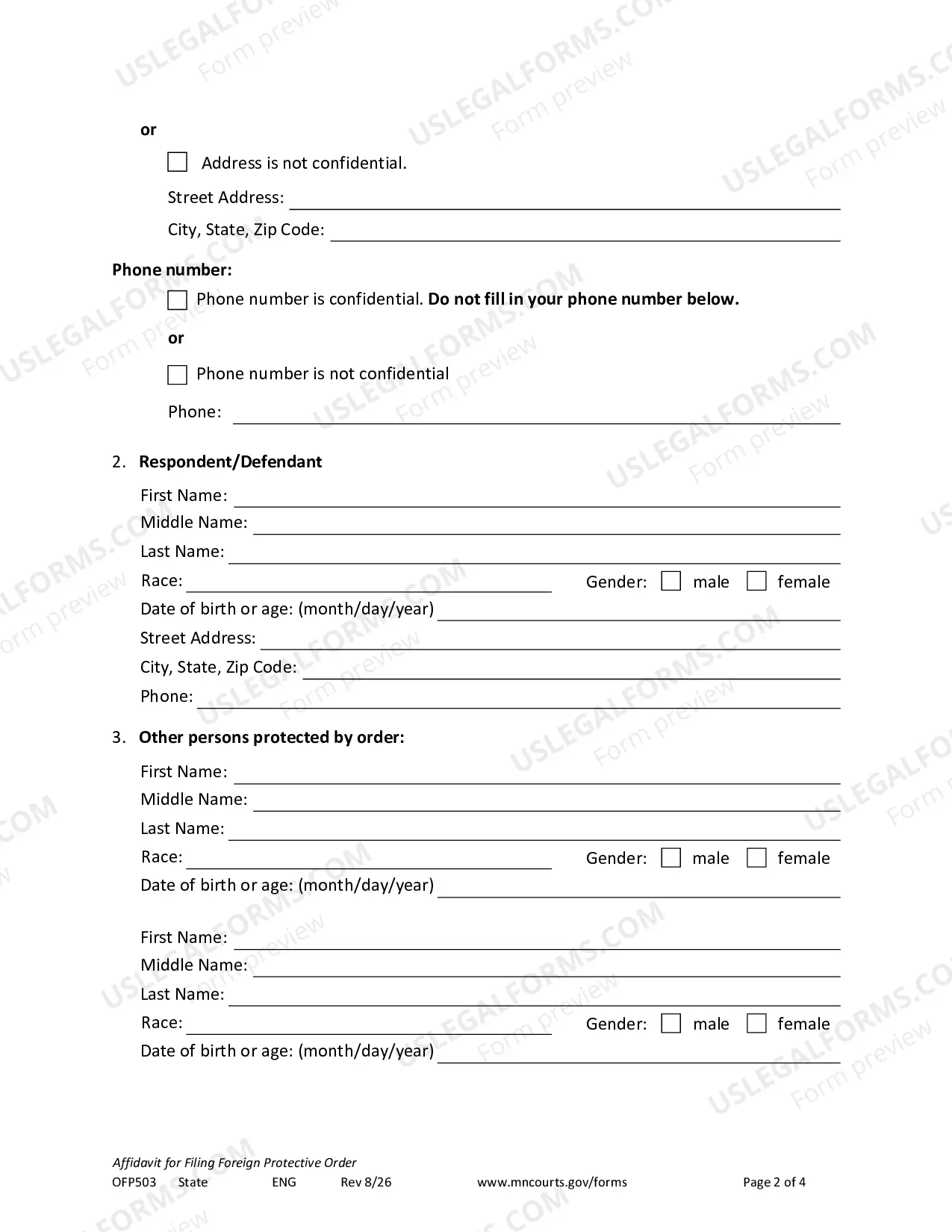 Preview Affidavit For Filing Foreign Protective Order