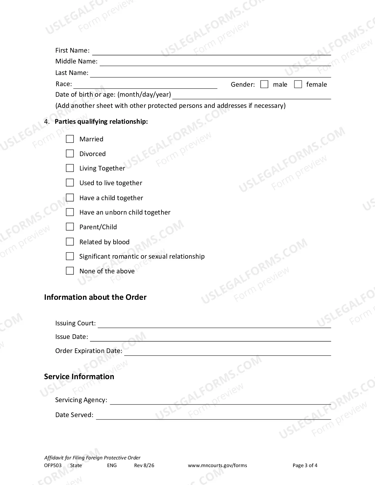 Preview Affidavit For Filing Foreign Protective Order