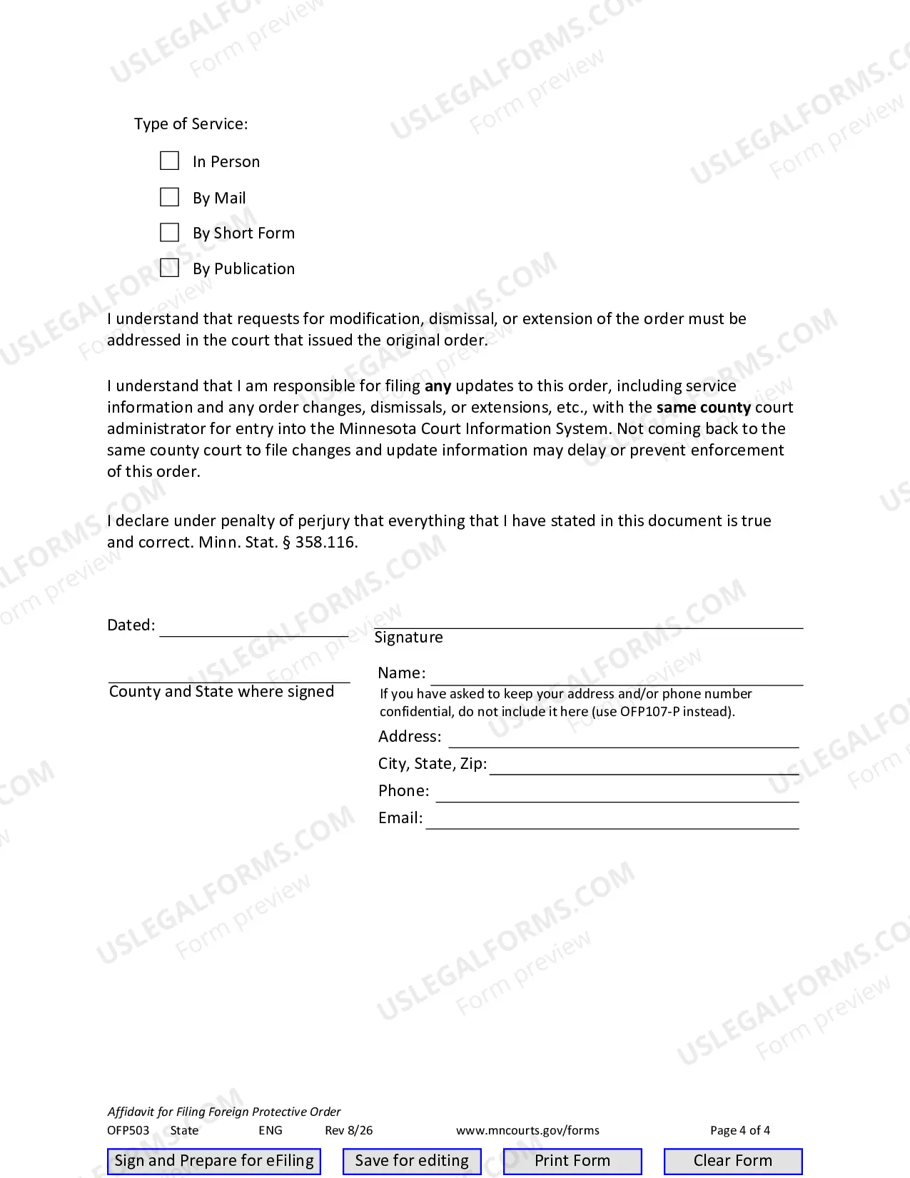 Preview Affidavit For Filing Foreign Protective Order