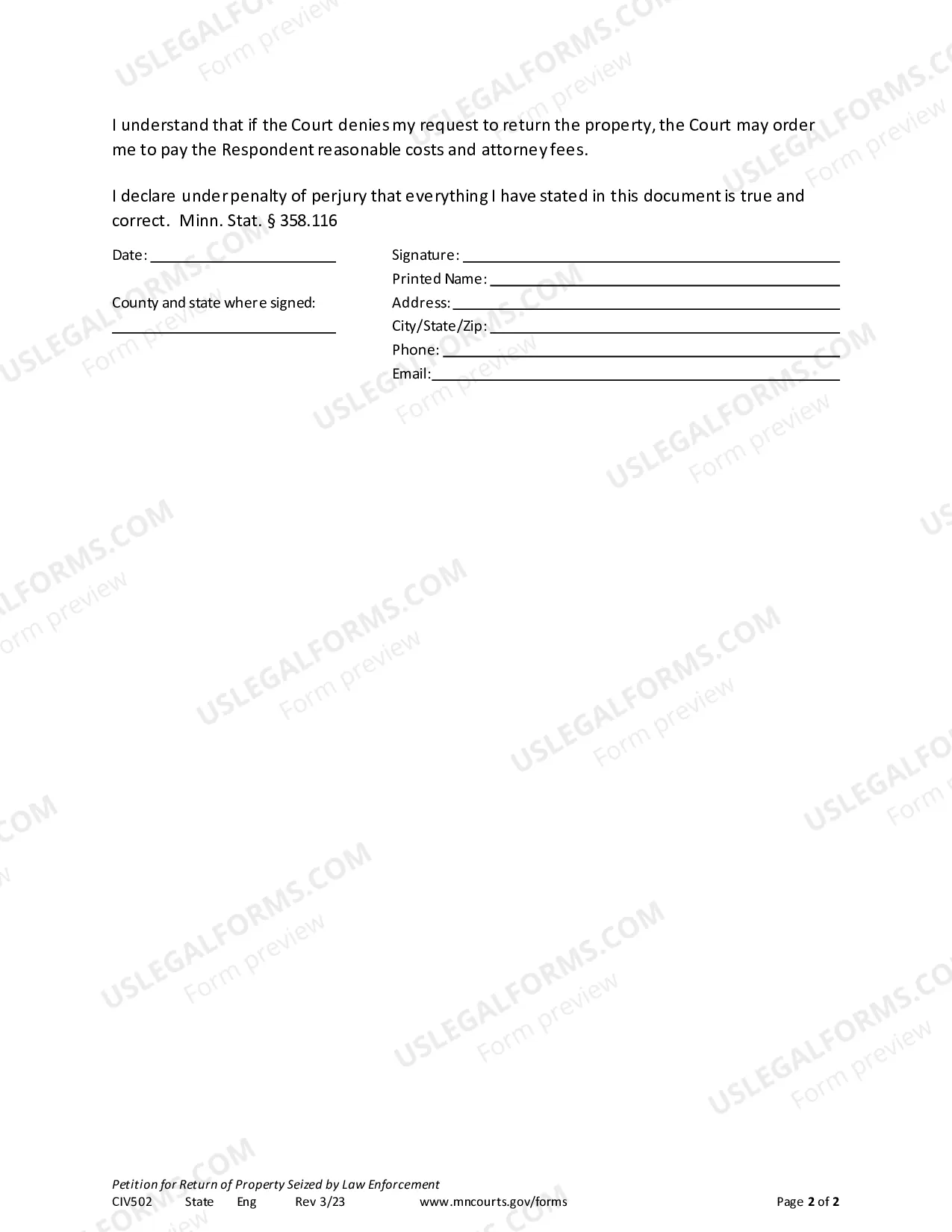 Preview Petition For Return of Seized Property