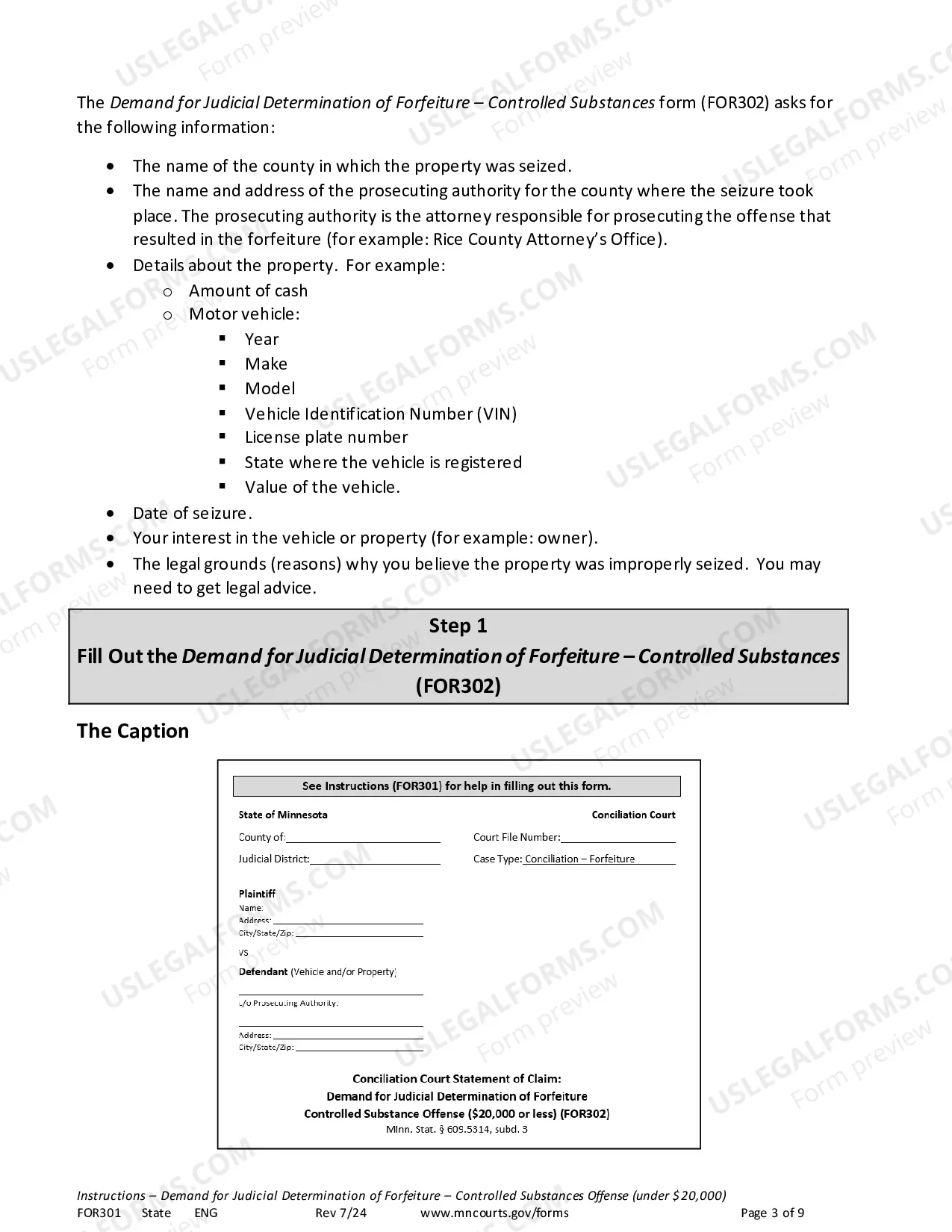 Preview Instructions - Conciliation Court Review of Property Seized in Drug Arrest ($15,000 or less)