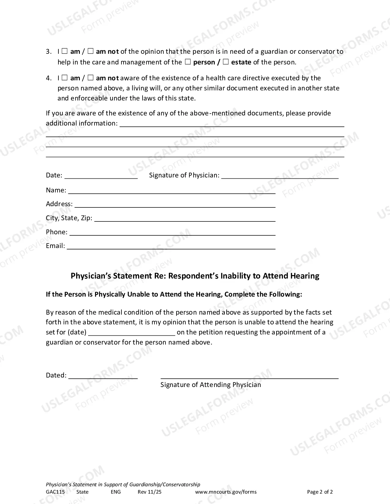 Preview Physicians Statement In Support of Guardianship or Conservatorship - and Re Respondents Inability To Attend Hearing