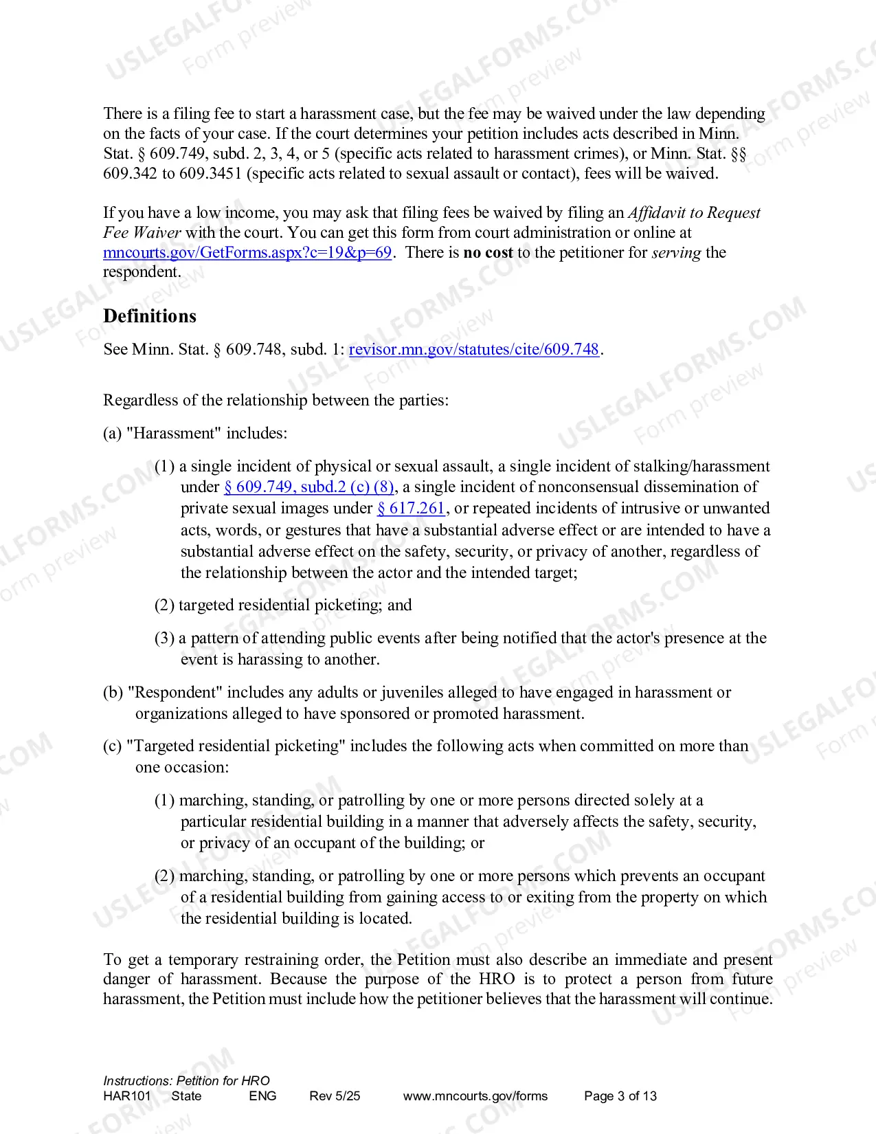 Preview Instructions - Applying for a Harassment Restraining Order