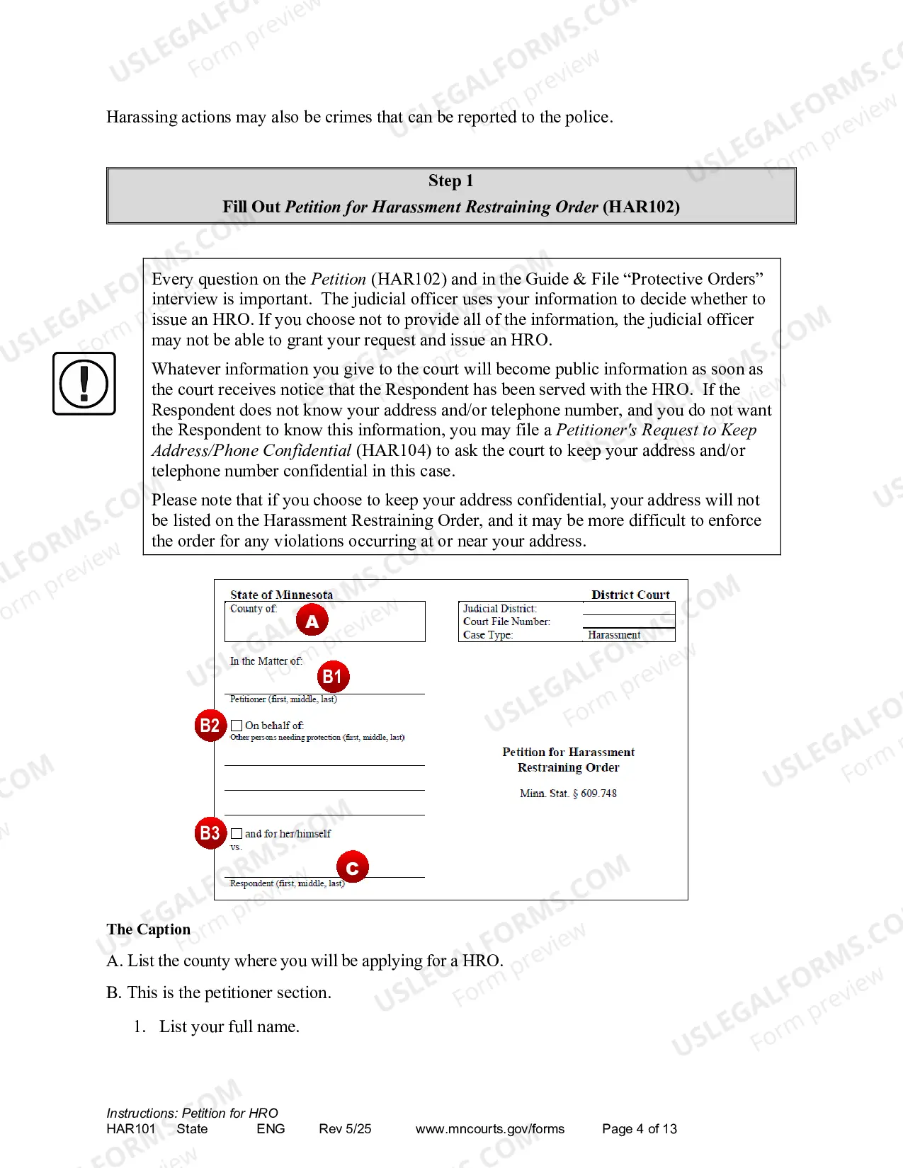 Preview Instructions - Applying for a Harassment Restraining Order