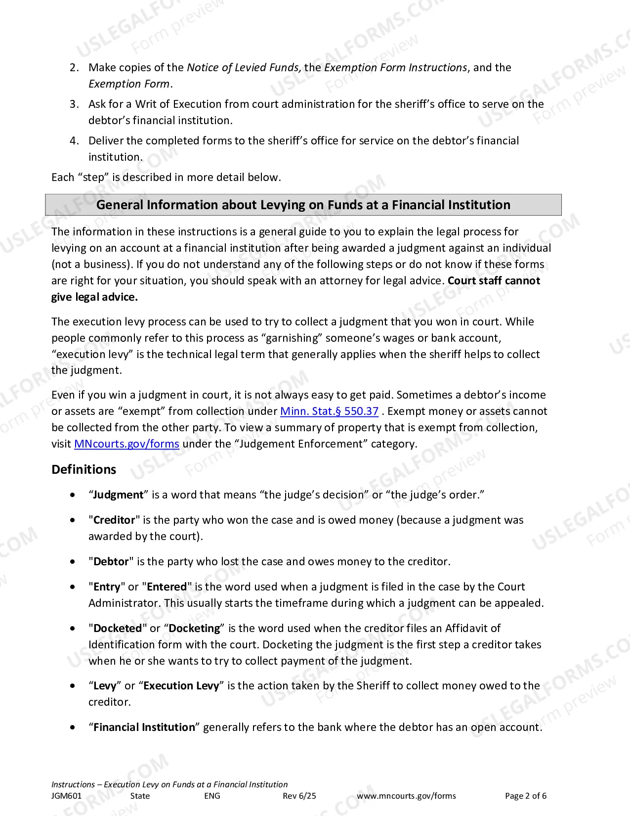 Preview Instructions - Execution Levy on Funds at a Financial Institution
