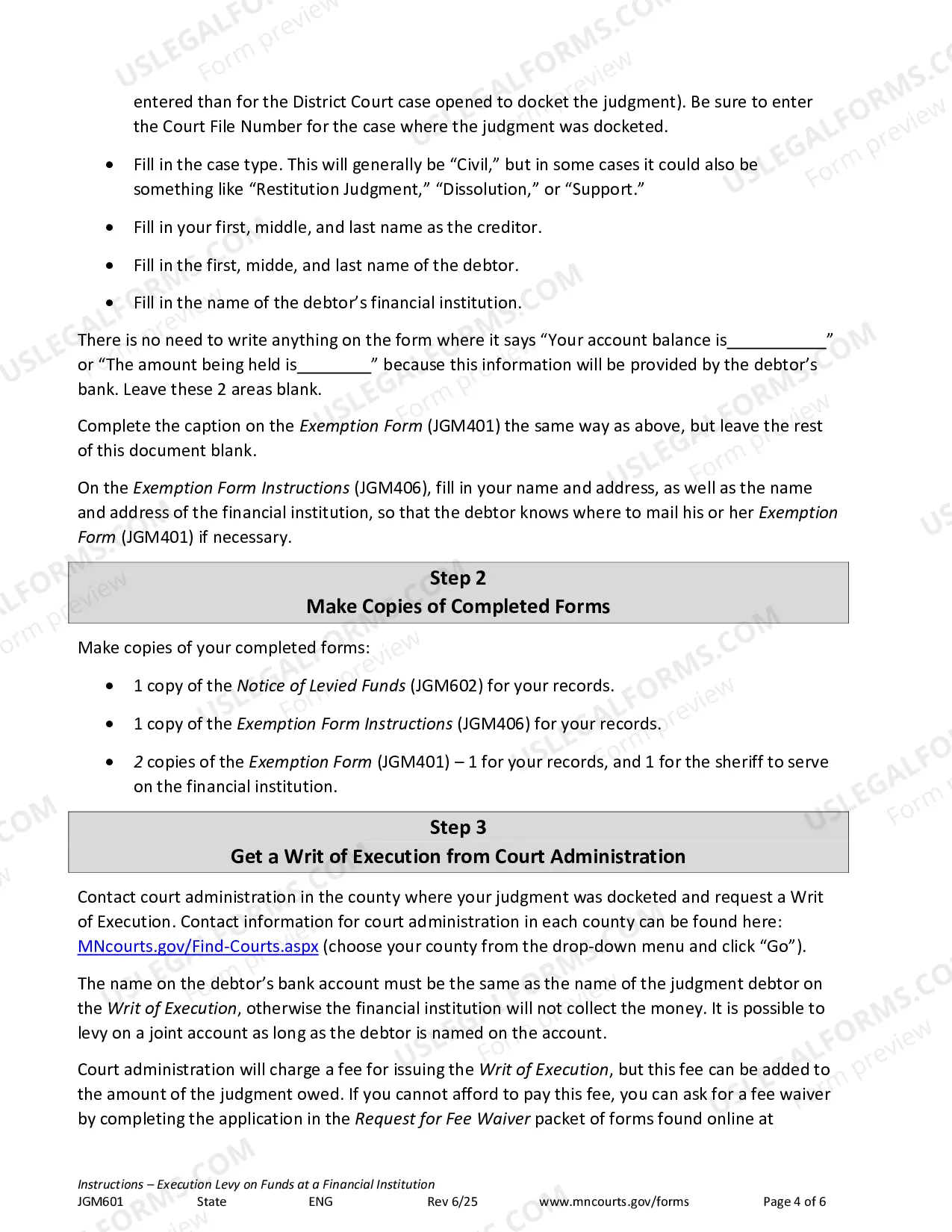 Preview Instructions - Execution Levy on Funds at a Financial Institution
