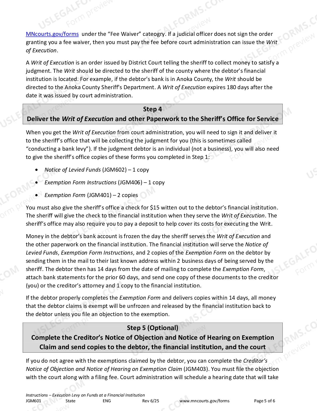 Preview Instructions - Execution Levy on Funds at a Financial Institution