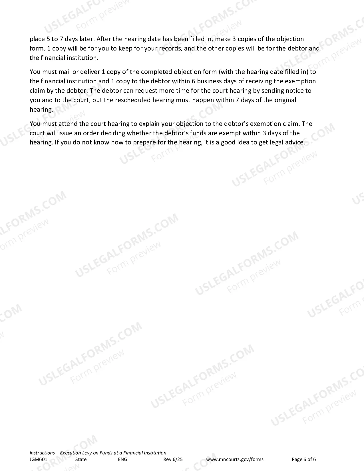 Preview Instructions - Execution Levy on Funds at a Financial Institution