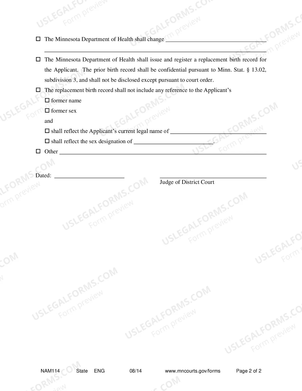 Preview Order Granting Replacement Birth Record