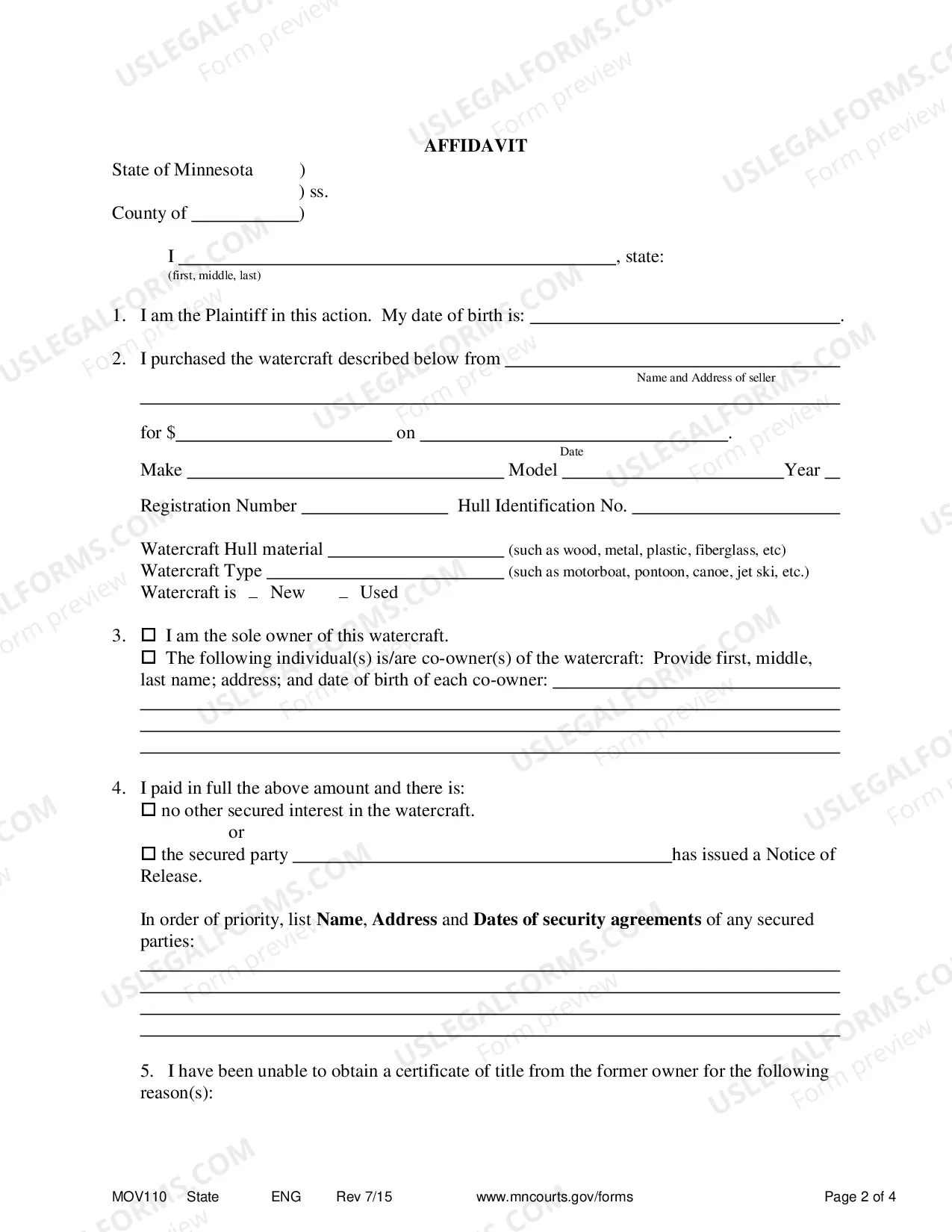 Preview Motion and Affidavit For Order Directing Issuance of Title To Watercraft