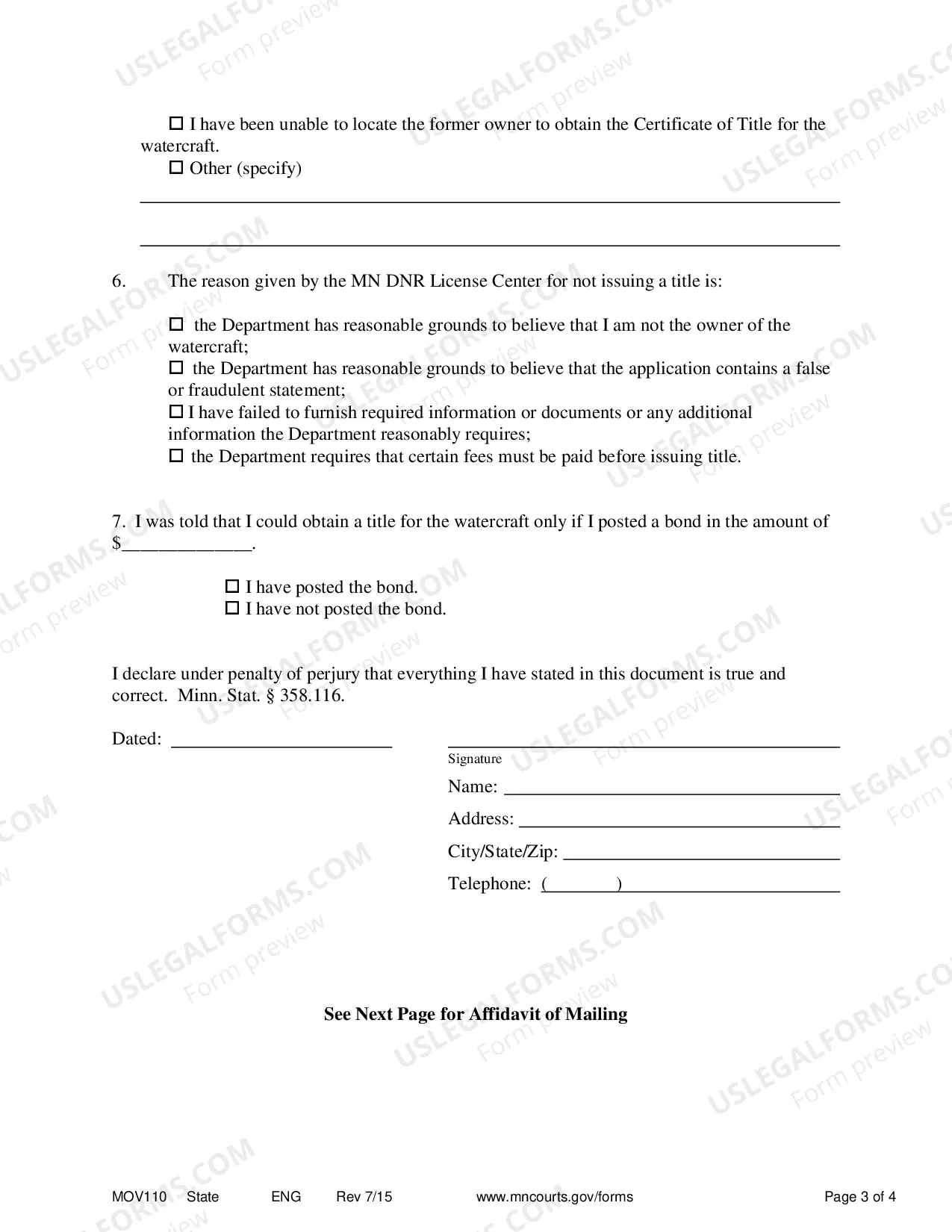 Preview Motion and Affidavit For Order Directing Issuance of Title To Watercraft