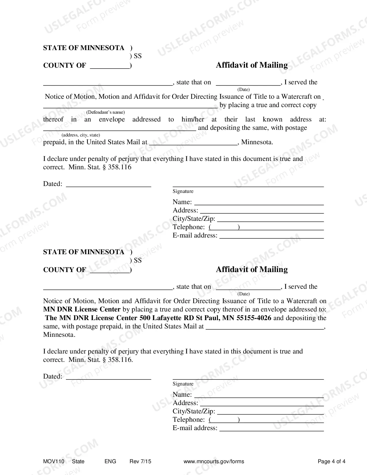 Preview Motion and Affidavit For Order Directing Issuance of Title To Watercraft