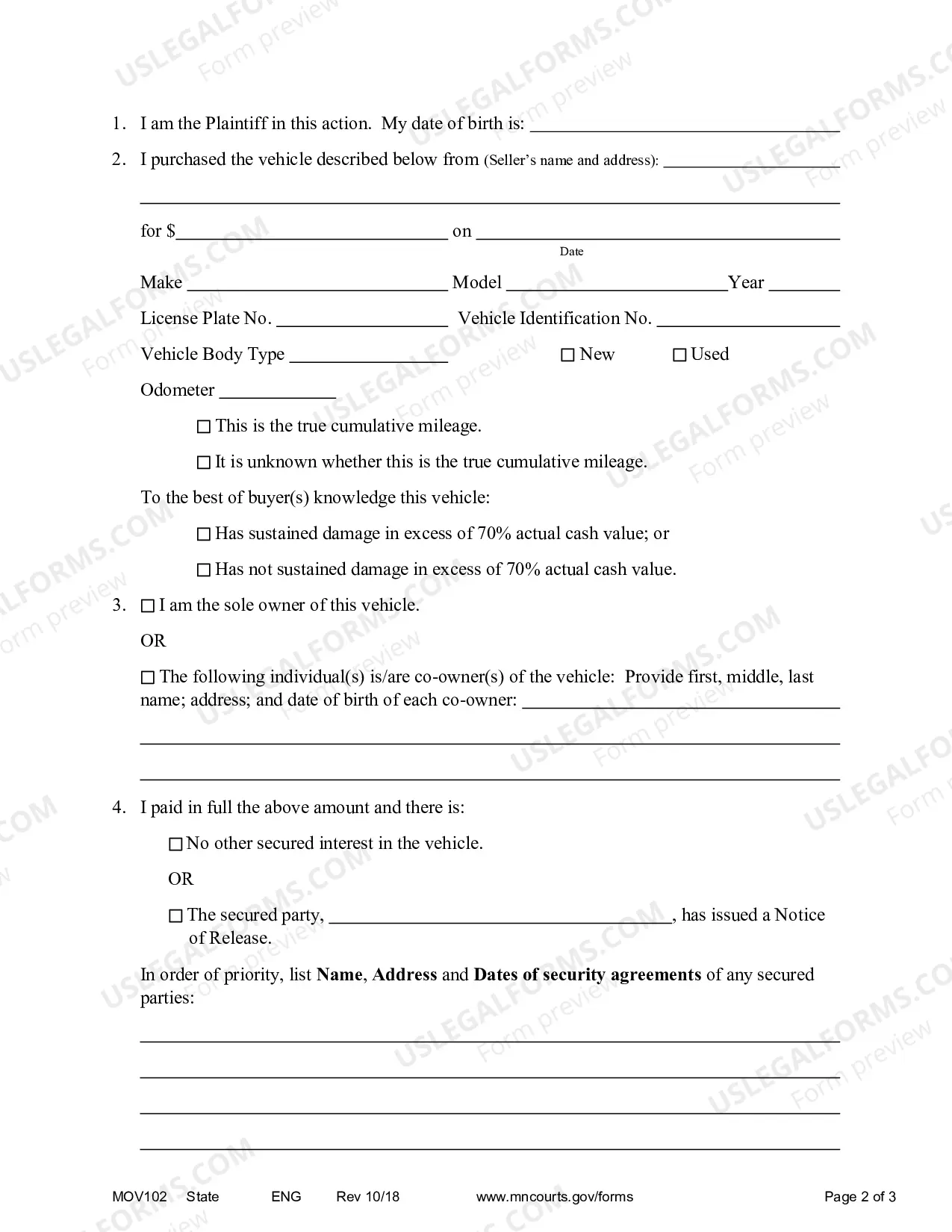 Preview Notice of Motion Motion and Affidavit For Order Directing Issuance of Title To Motor Vehicle