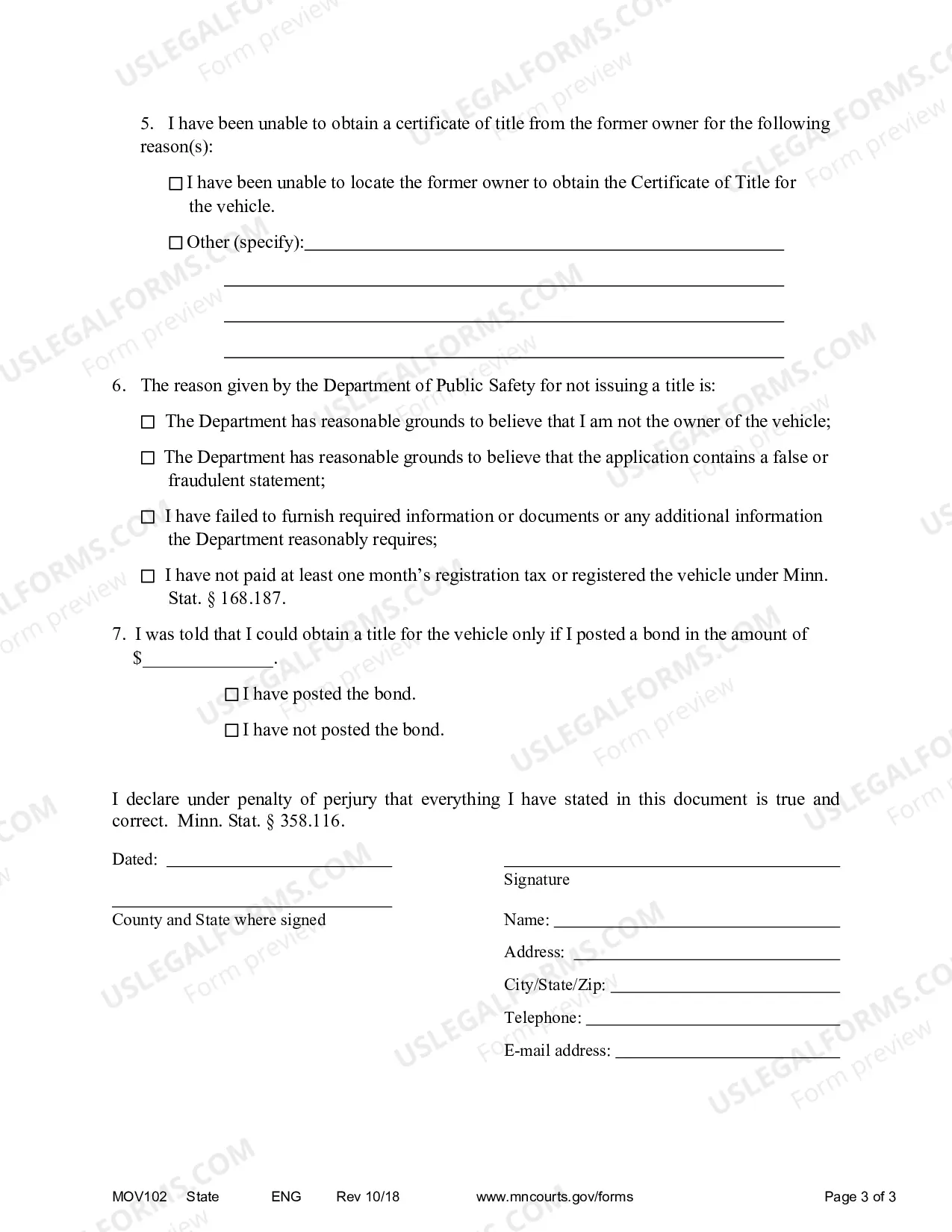 Preview Notice of Motion Motion and Affidavit For Order Directing Issuance of Title To Motor Vehicle