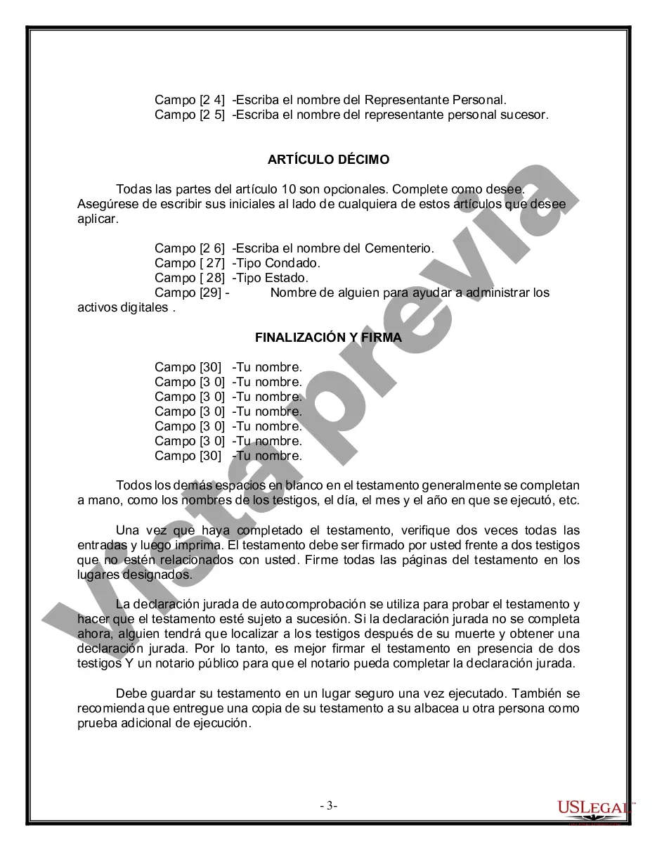 Preview Formulario de última voluntad y testamento legal para persona soltera sin hijos