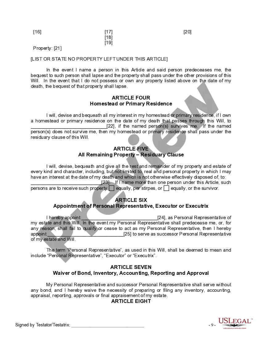 Preview Last Will and Testament for Single Person with No Children