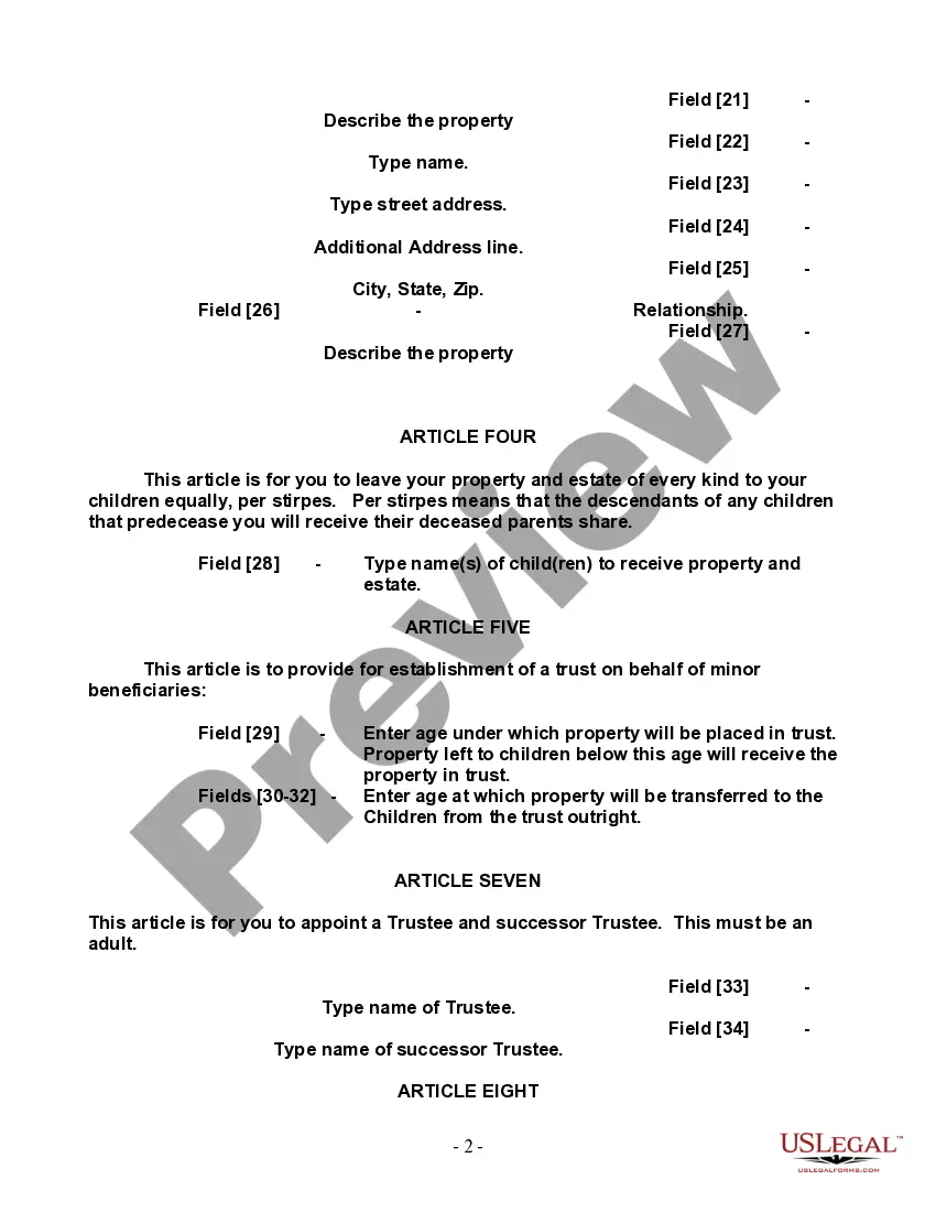 Preview Last Will and Testament for Single Person with Adult and Minor Children