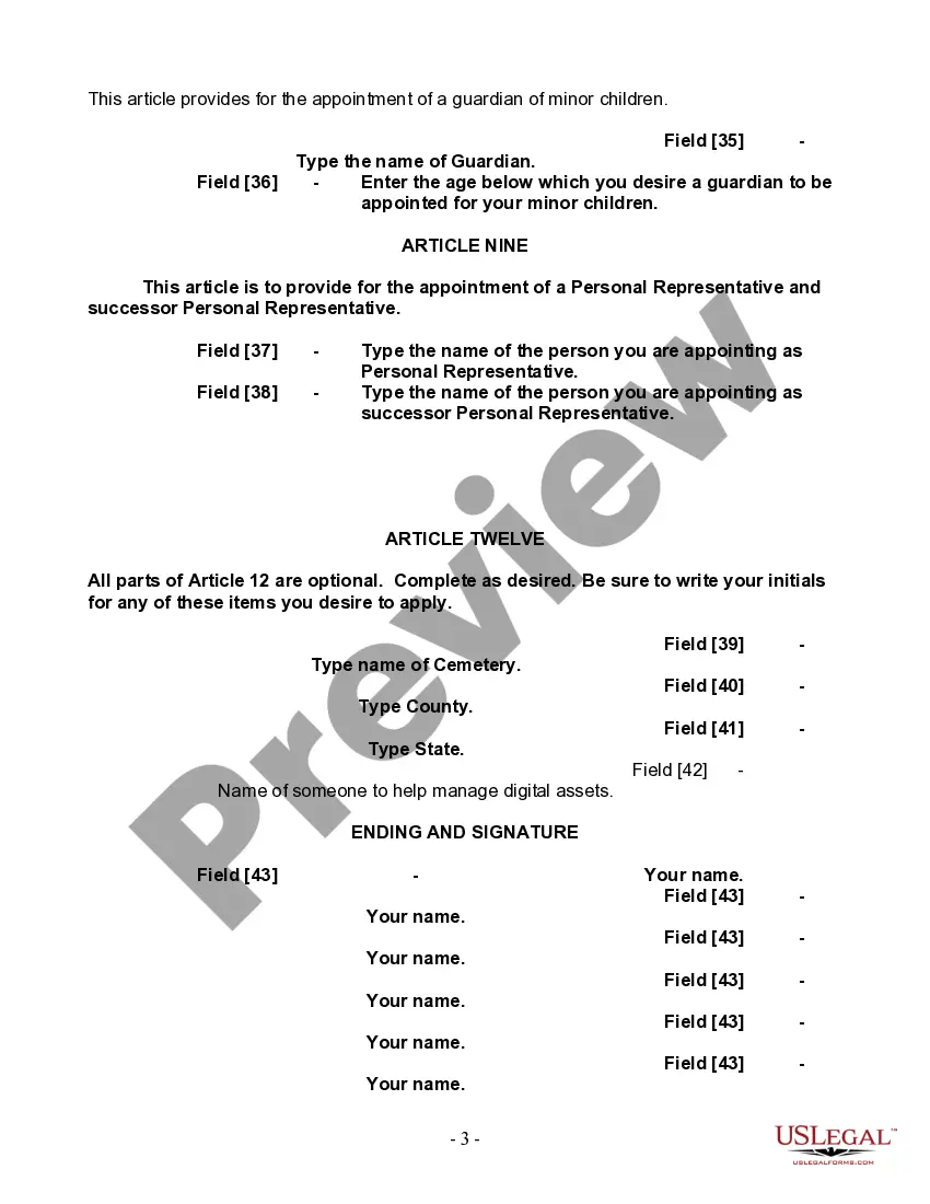 Preview Last Will and Testament for Single Person with Adult and Minor Children