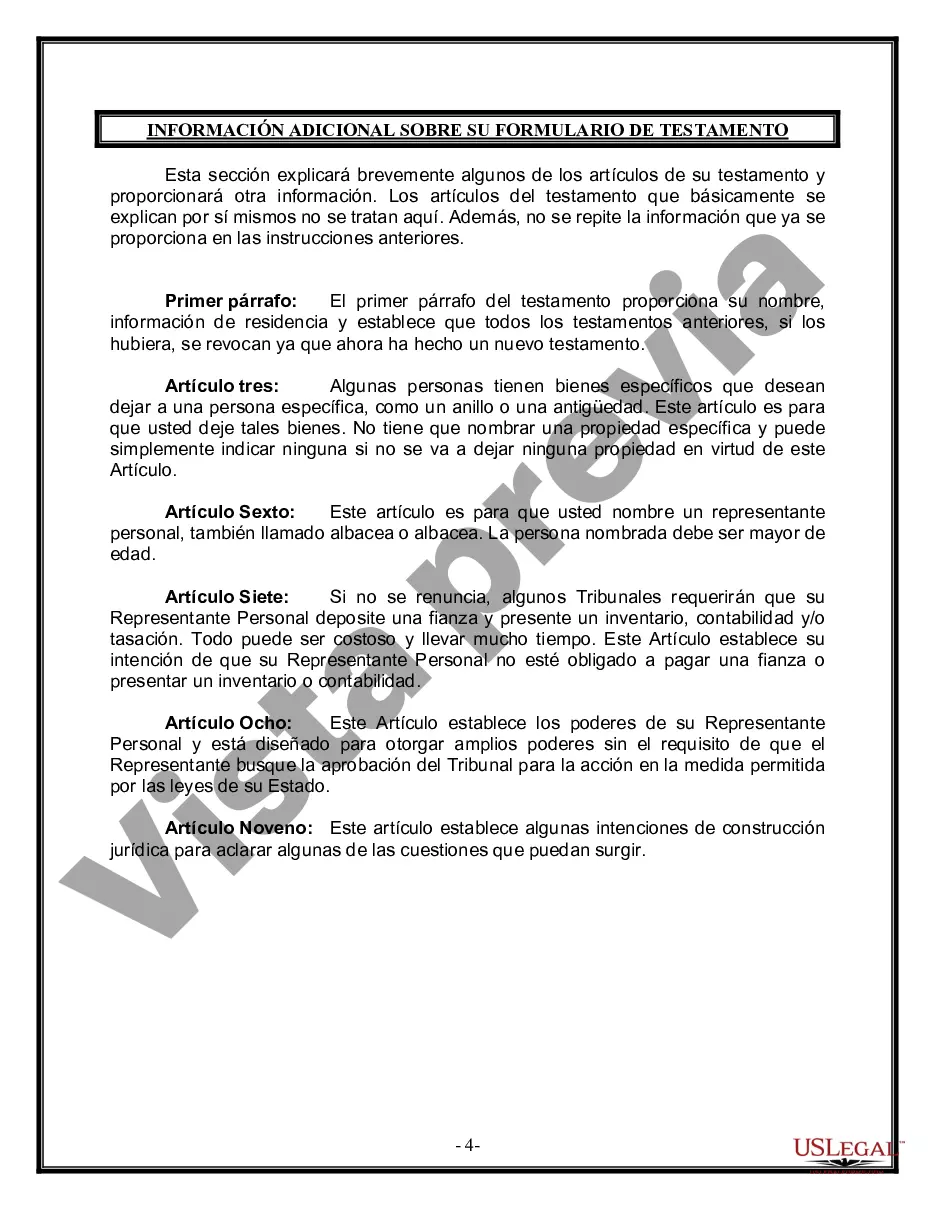 Preview Formulario Legal de Última Voluntad y Testamento para Persona Soltera con Hijos Adultos