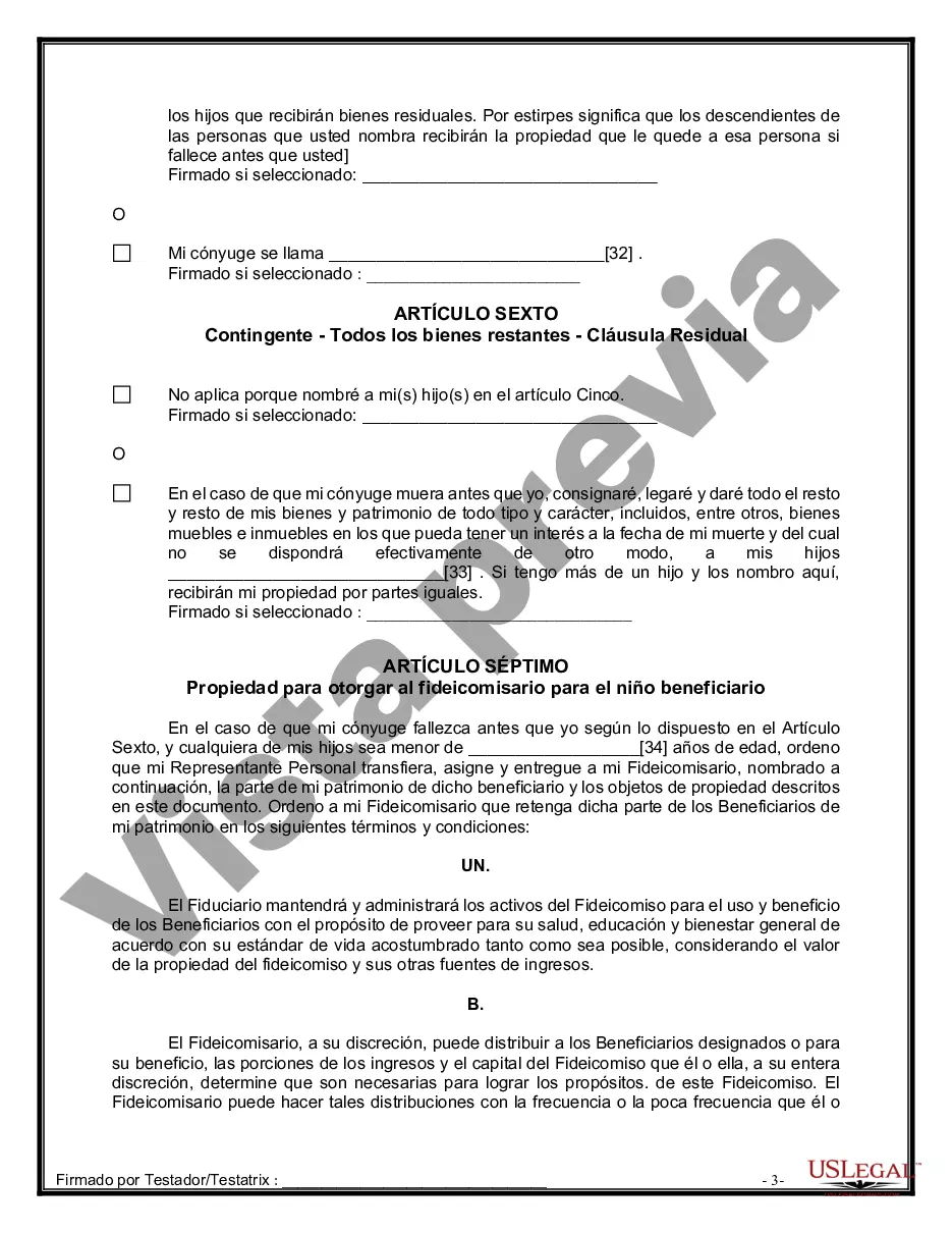 Preview Última voluntad y testamento legal para persona casada con hijos menores de edad de un matrimonio anterior