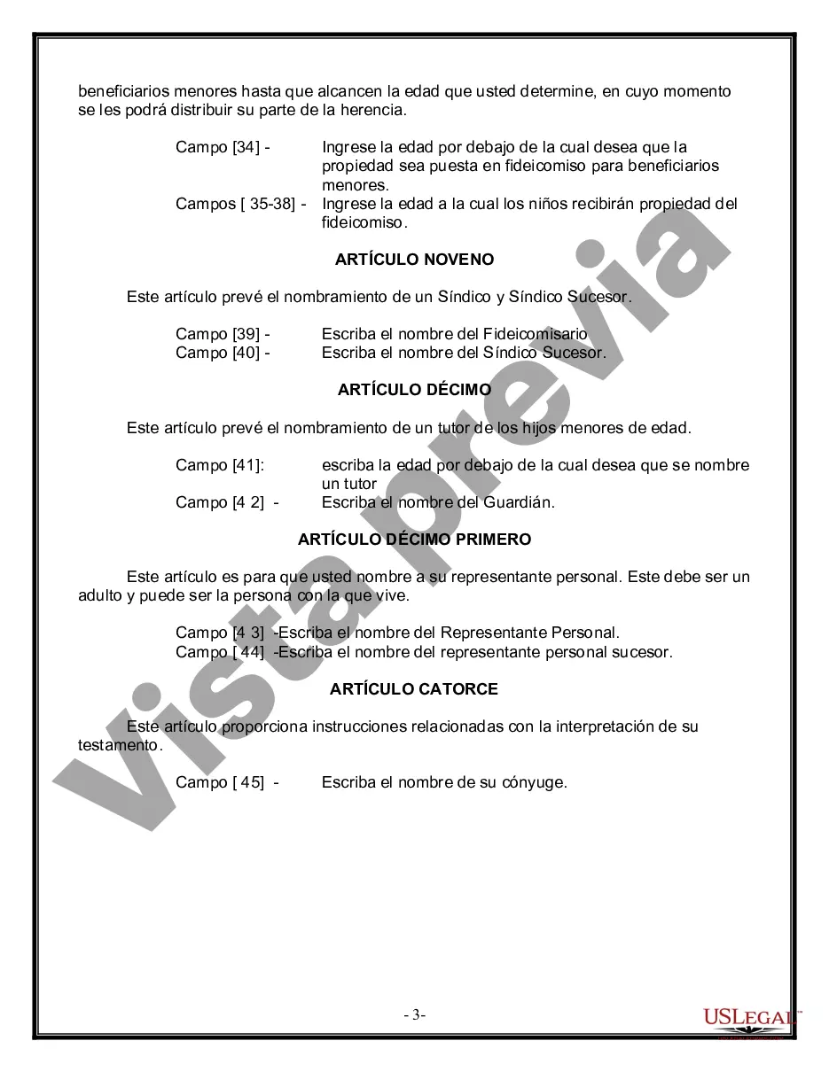 Preview Última voluntad y testamento legal para persona casada con hijos menores de edad de un matrimonio anterior