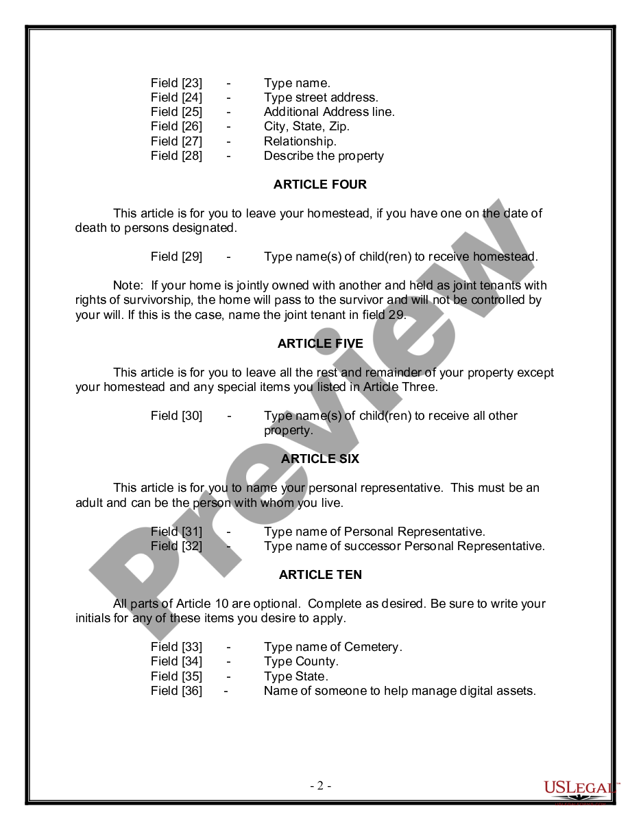 page 1 Legal Last Will and Testament Form for Divorced person not Remarried with Adult Children preview
