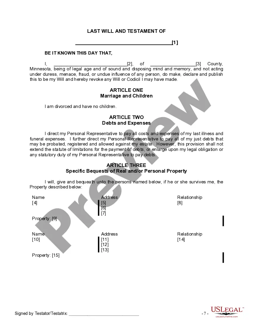 Preview Last Will and Testament for Divorced Person Not Remarried with No Children