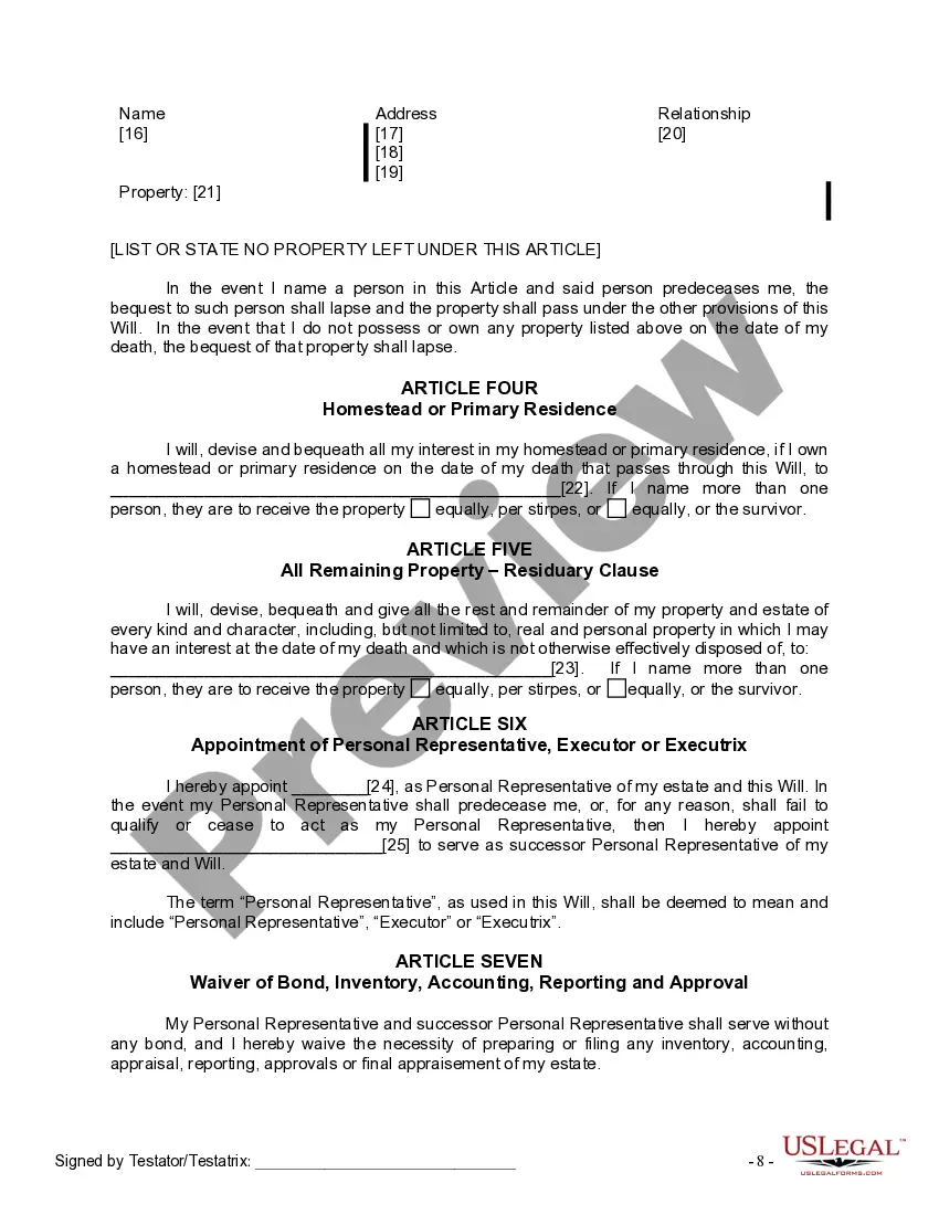 Preview Last Will and Testament for Divorced Person Not Remarried with No Children