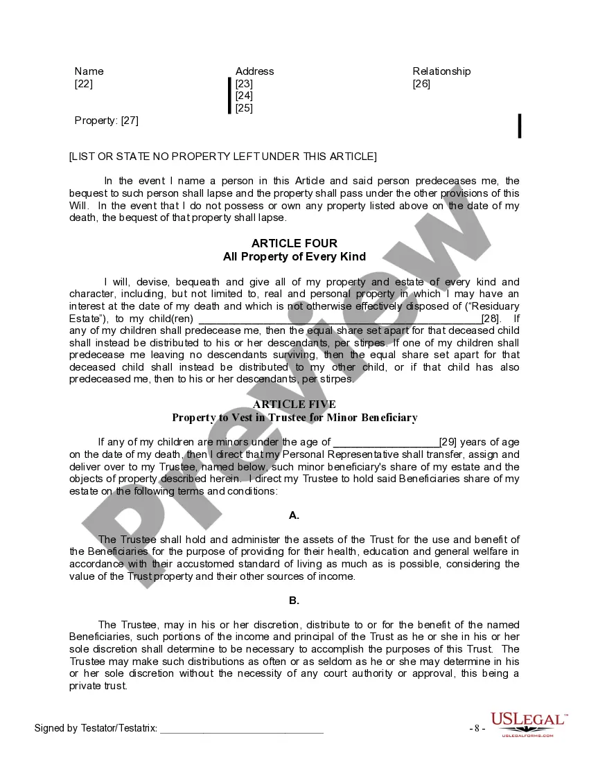 Preview Last Will and Testament for Divorced person not Remarried with Minor Children