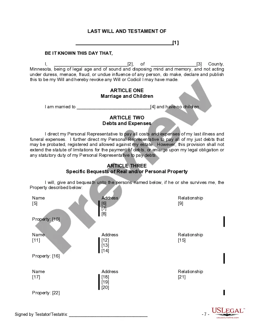 Preview Last Will and Testament for a Married Person with No Children