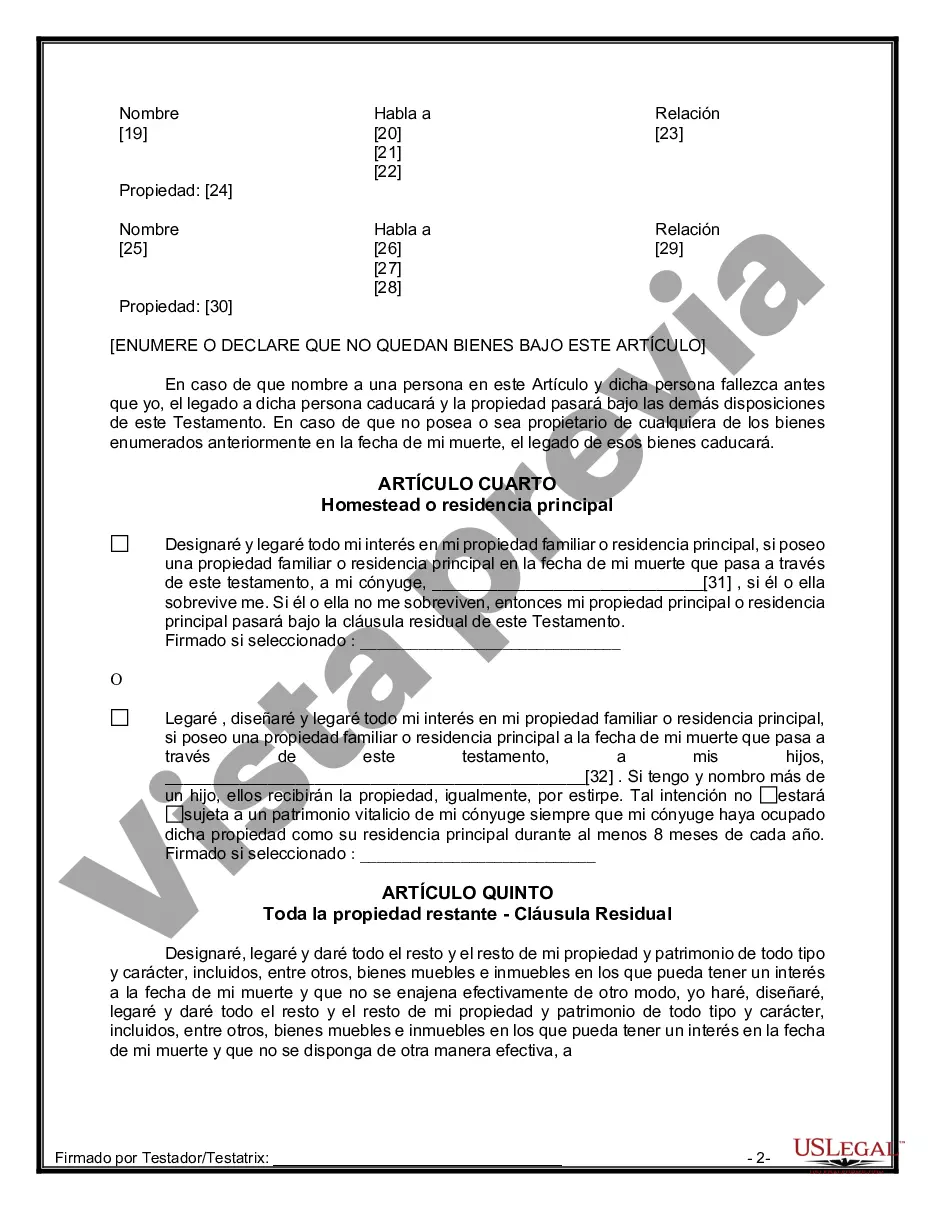 Preview Formulario Legal de Última Voluntad y Testamento para Persona Casada con Hijos Adultos y Menores de Matrimonio Anterior