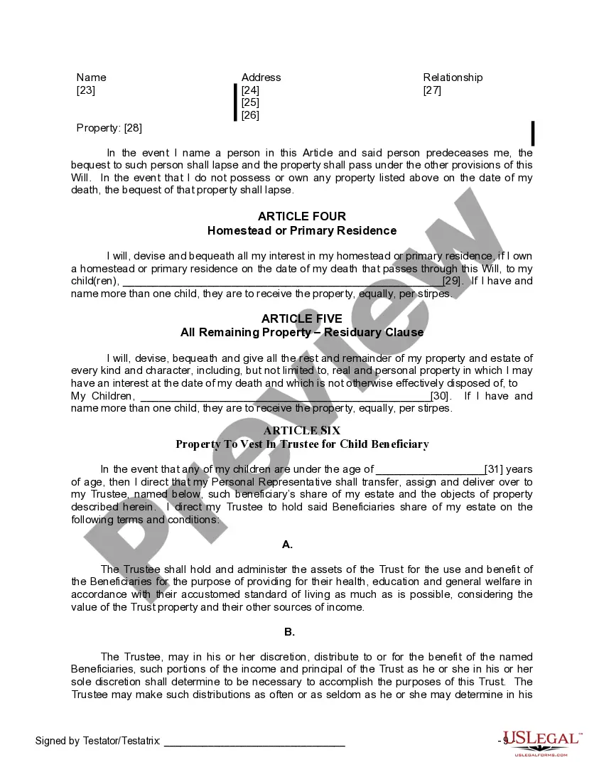 Preview Last Will and Testament for Widow or Widower with Minor Children