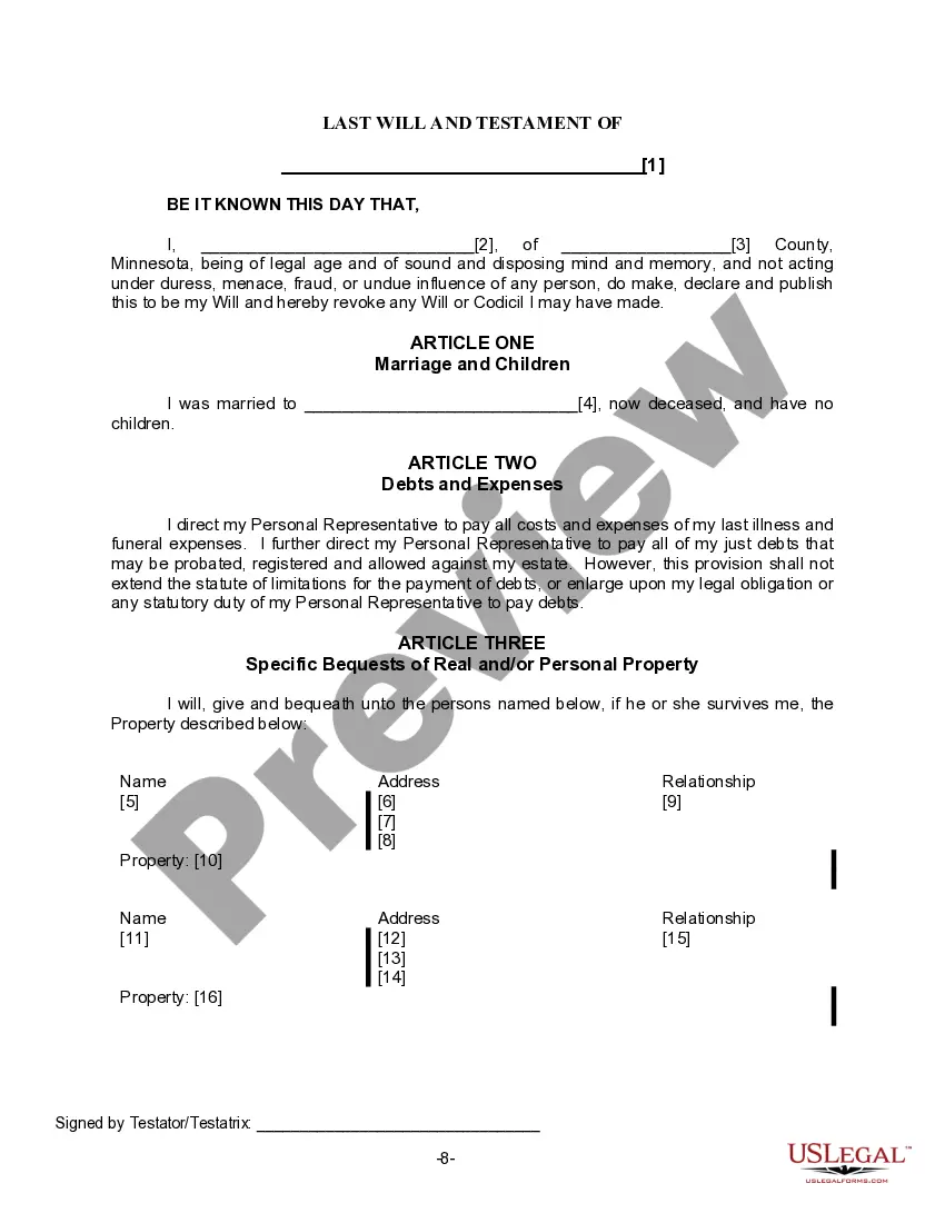 Preview Last Will for a Widow or Widower with no Children