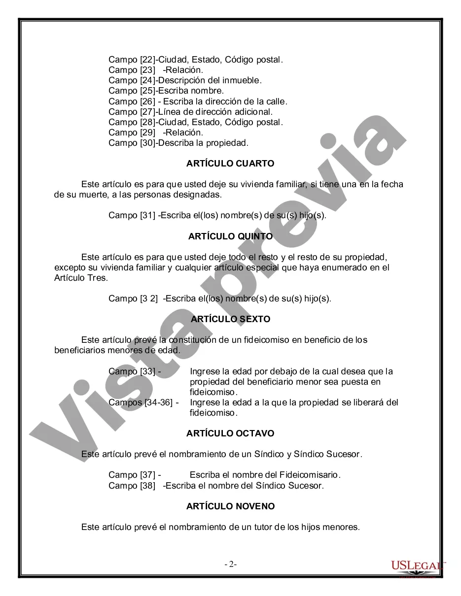 Preview Formulario de última voluntad y testamento legal para una viuda o viudo con hijos adultos y menores