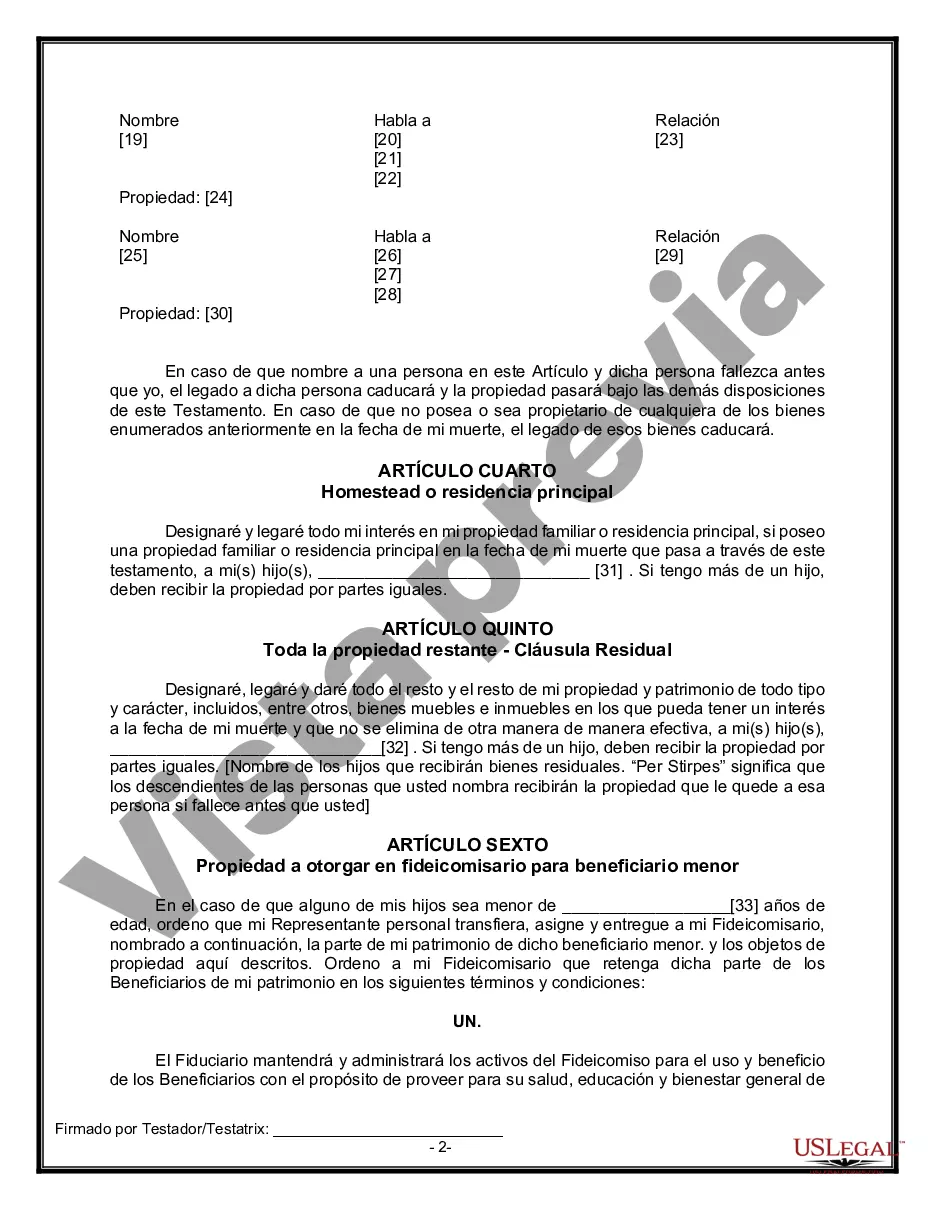 Preview Formulario de última voluntad y testamento legal para una viuda o viudo con hijos adultos y menores