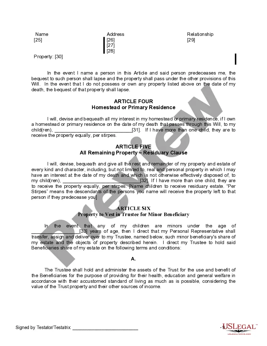 Preview Last Will and Testament for a Widow or Widower with Adult and Minor Children