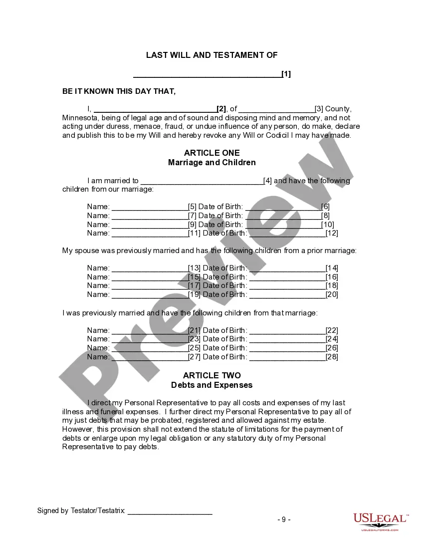 Preview Last Will and Testament for Divorced and Remarried Person with Mine, Yours and Ours Children