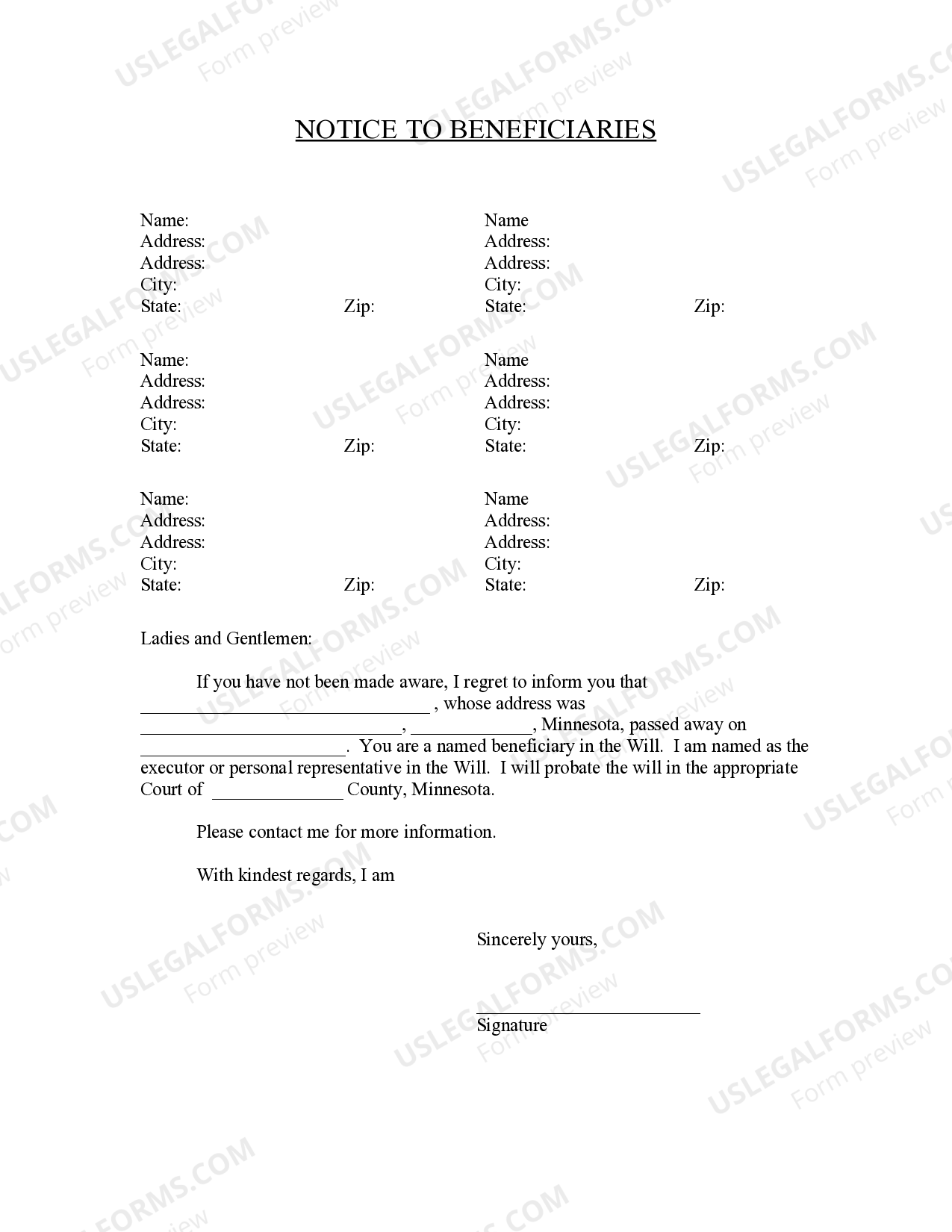 Minnesota Notice to Beneficiaries of being Named in Will US Legal Forms