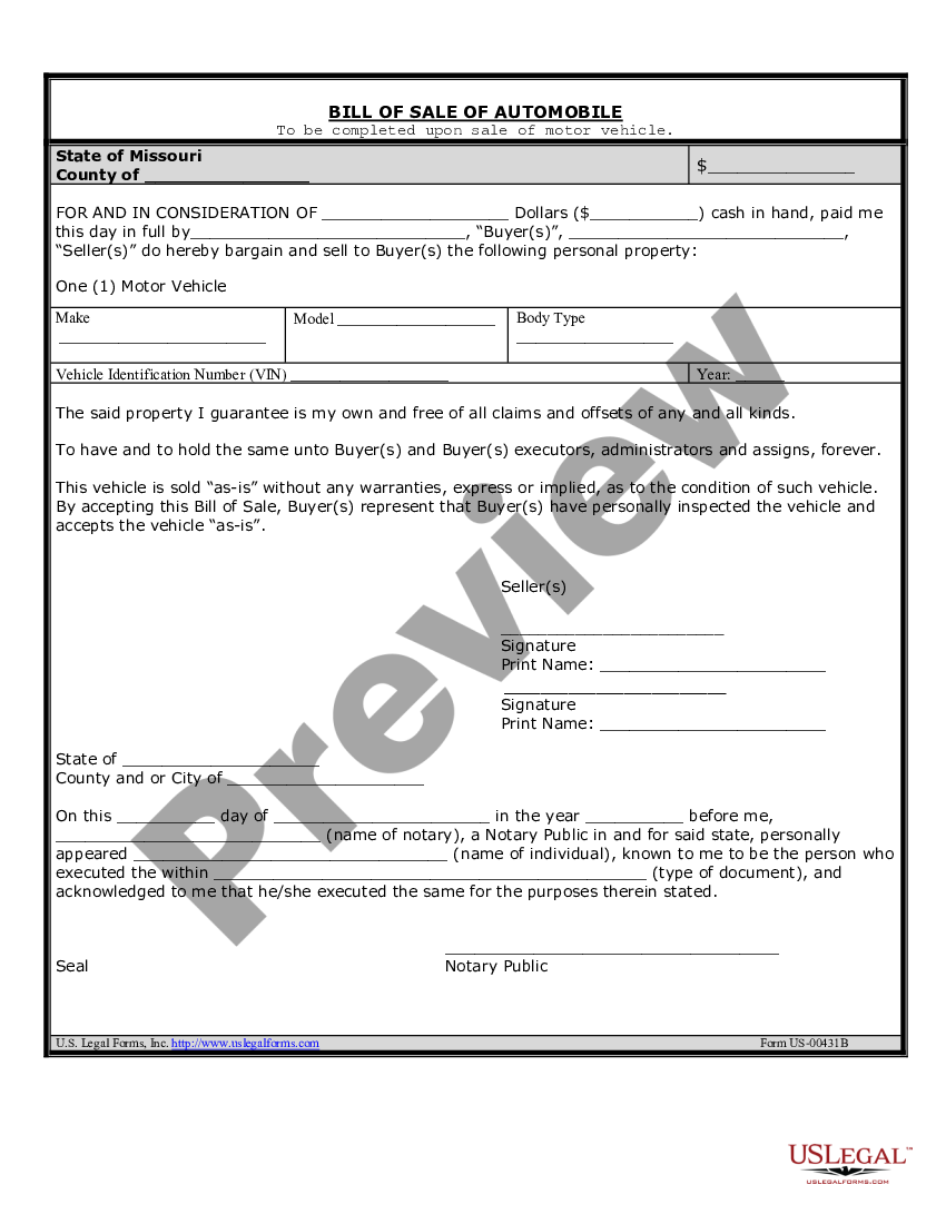 missouri bill of sale of automobile and odometer statement for as sale as is sample us legal forms