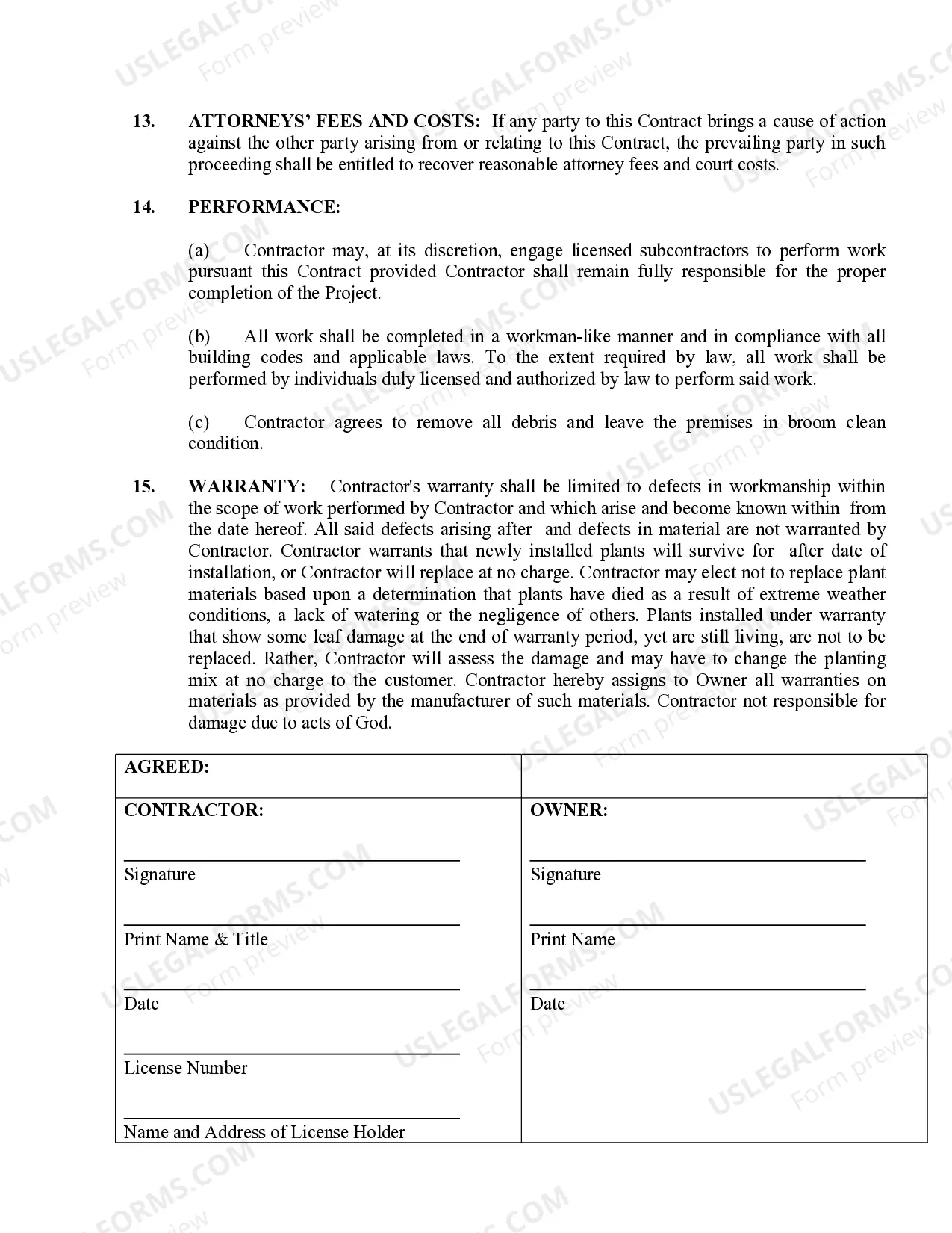 Preview Landscape Contract for Contractor