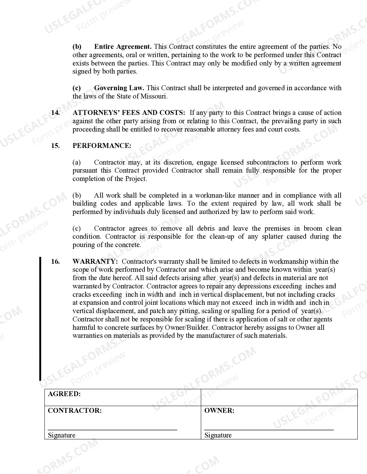 Preview Concrete Mason Contract for Contractor